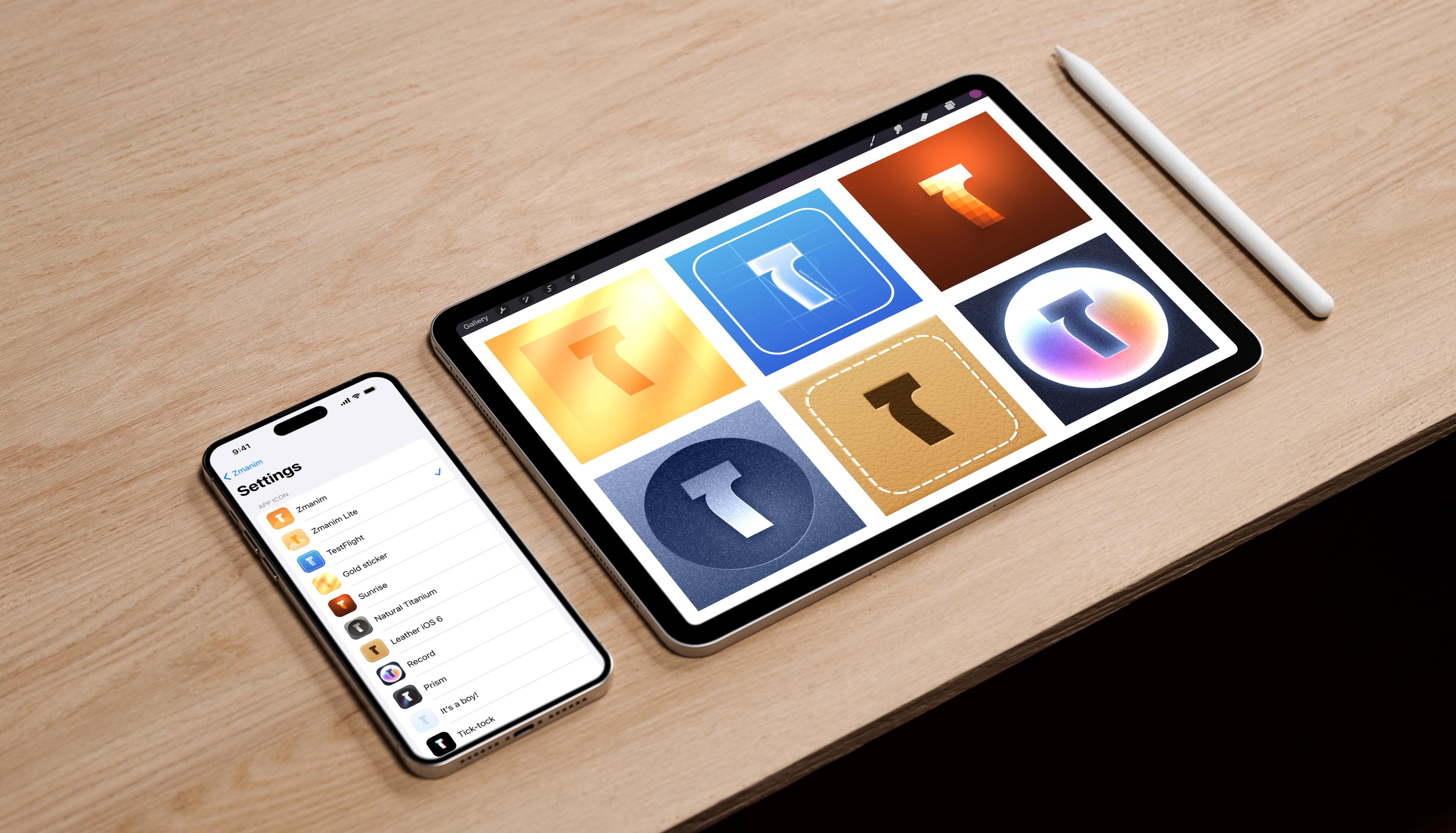 Zmanim: Prayer time app on a phone beside colorful app icons on an iPad.