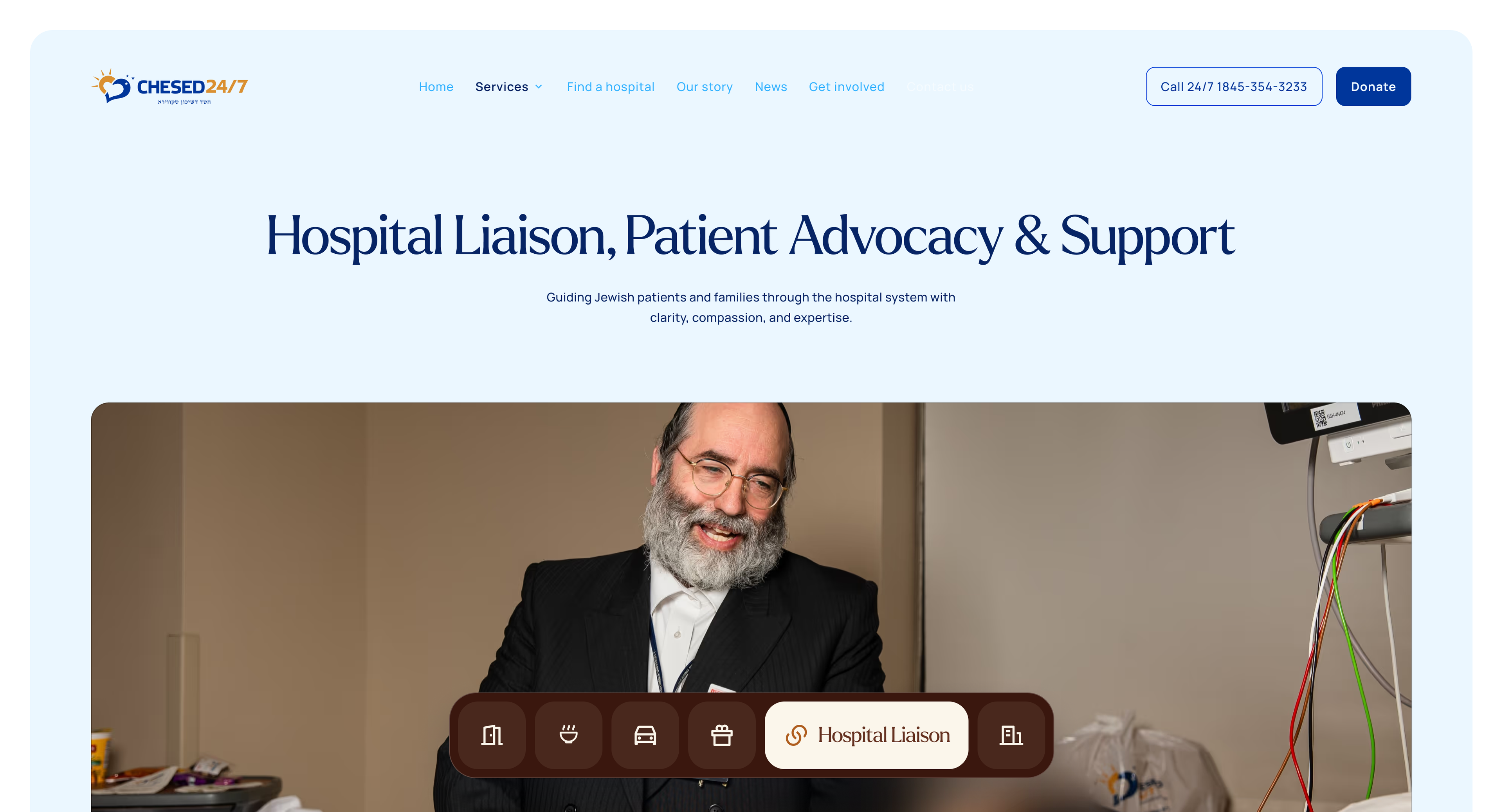 Chesed 24/7: Hospital liaison and patient support page with a portrait.