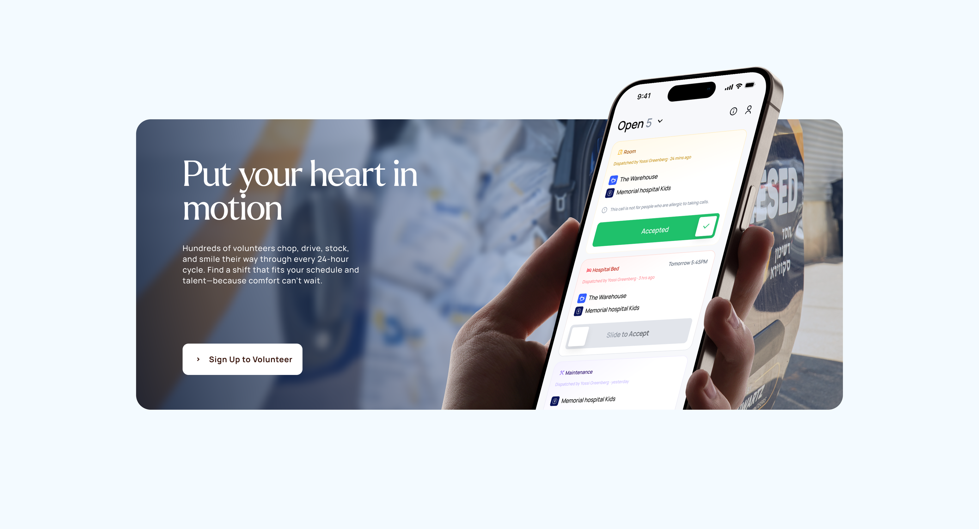Chesed 24/7: Volunteer signup section beside a mobile form.