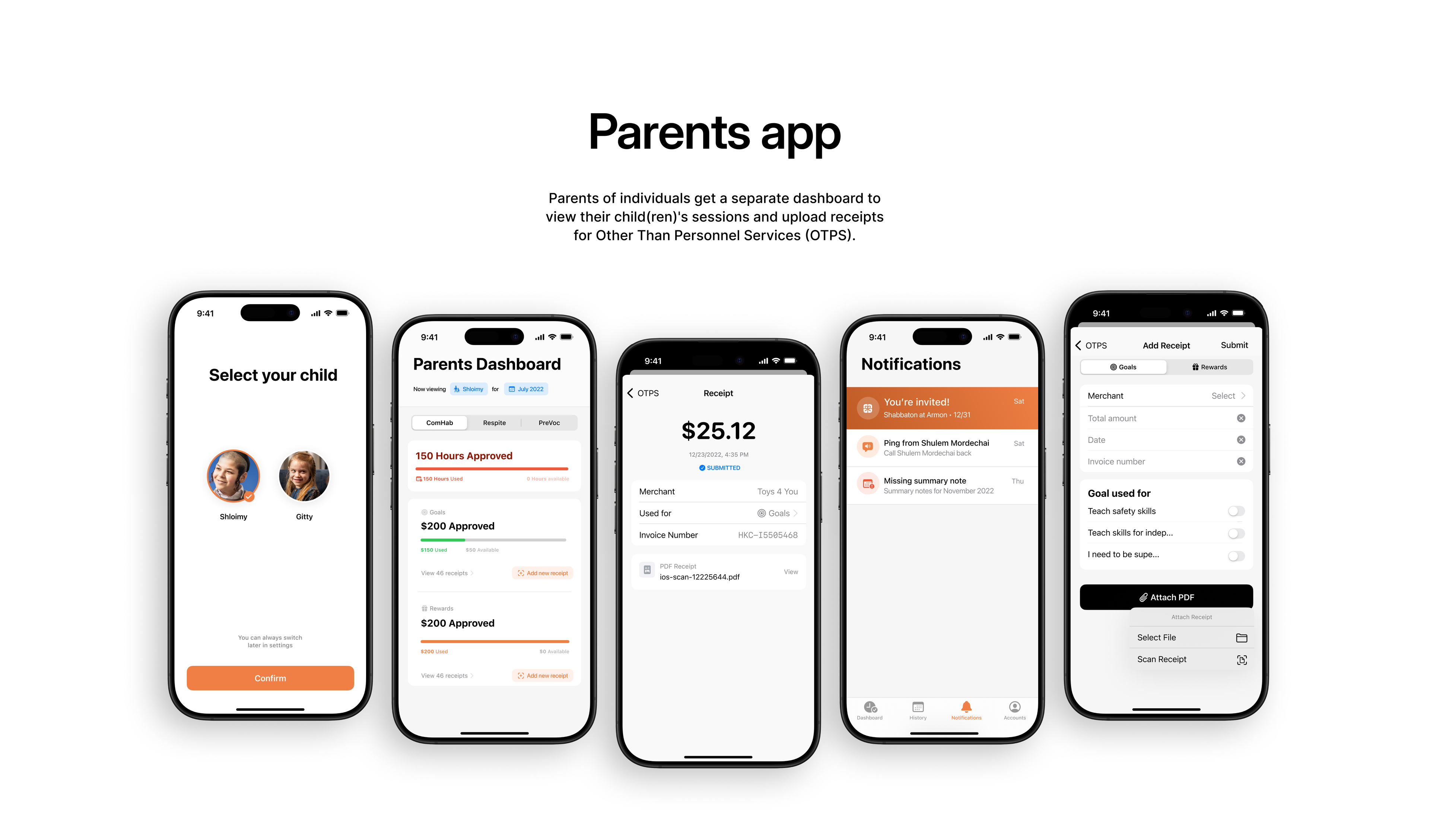 HamaspikHours: Parent app screens with worker profiles and session details.