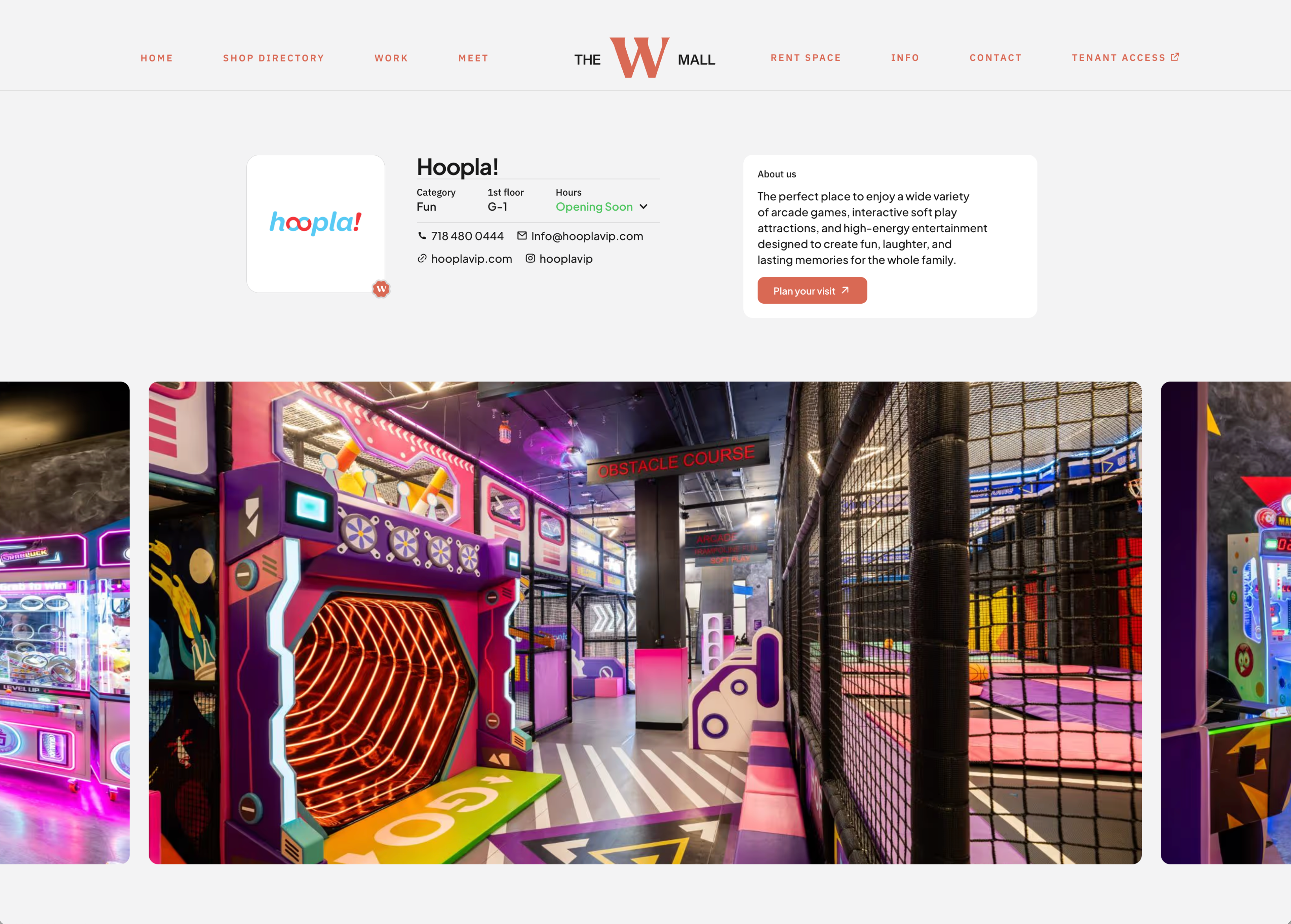 W Mall: Tenant detail page with colorful indoor play space photography.