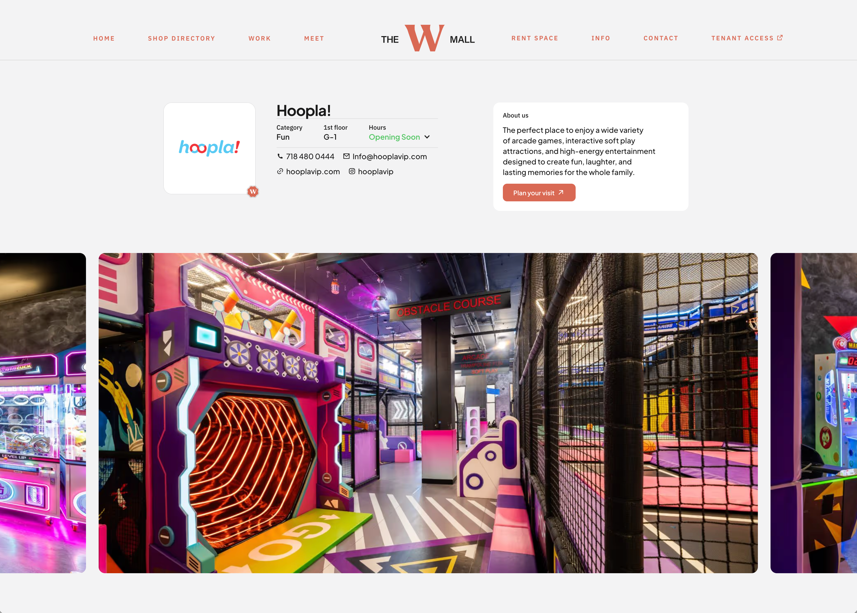 W Mall: Tenant detail page with colorful indoor play space photography.