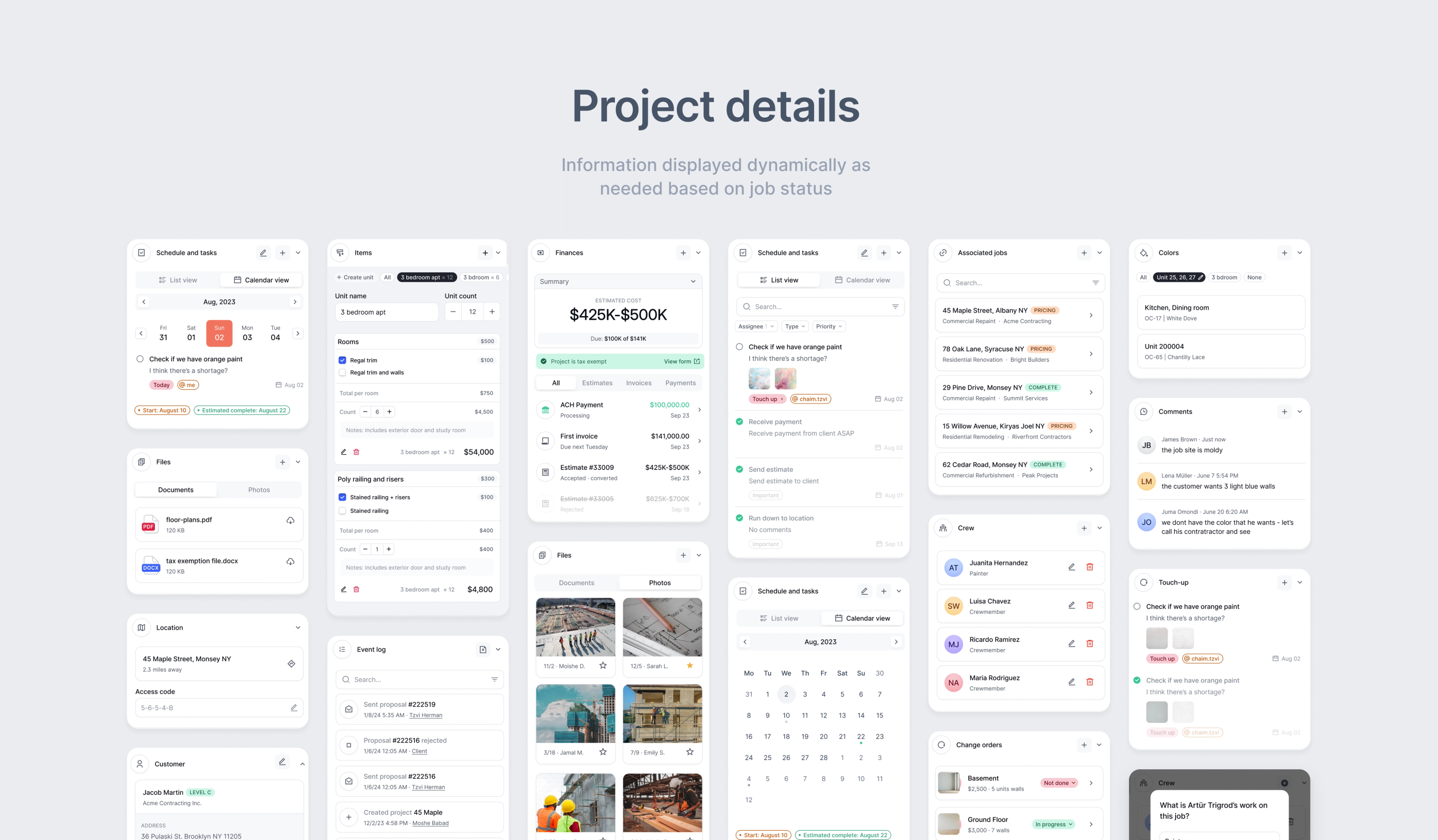 TzevaApp: Project details shown across multiple mobile screens.