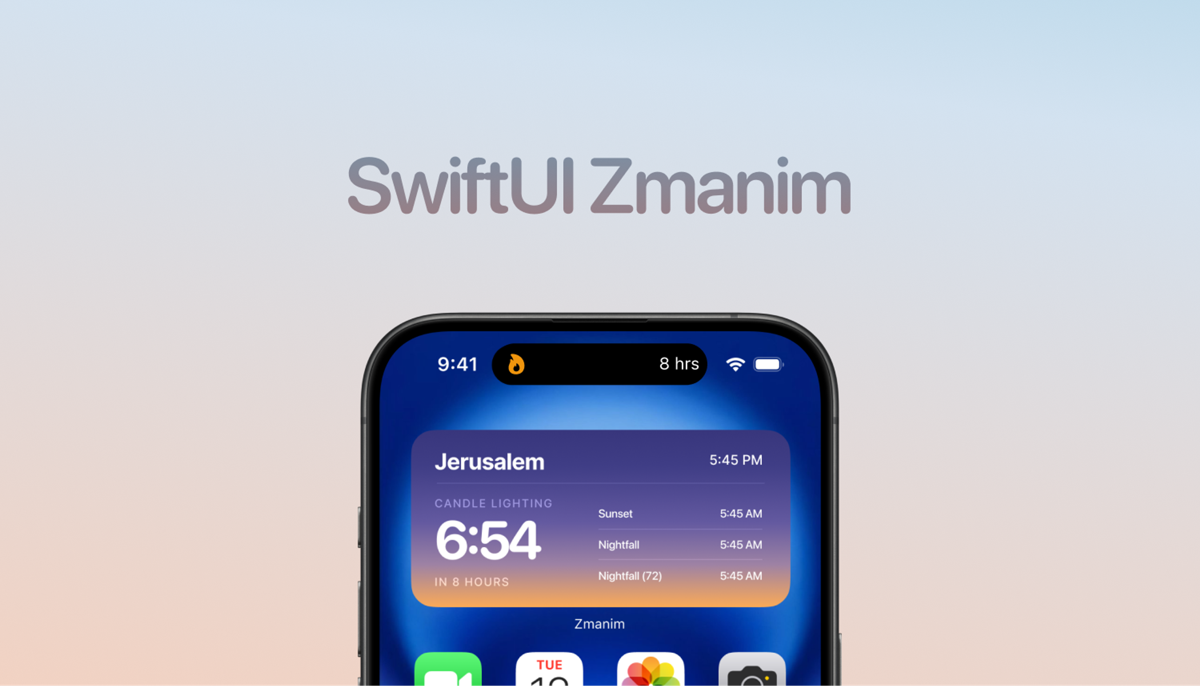 Zmanim: SwiftUI Zmanim title above an iPhone displaying Jerusalem prayer times. Design by D7mtg.