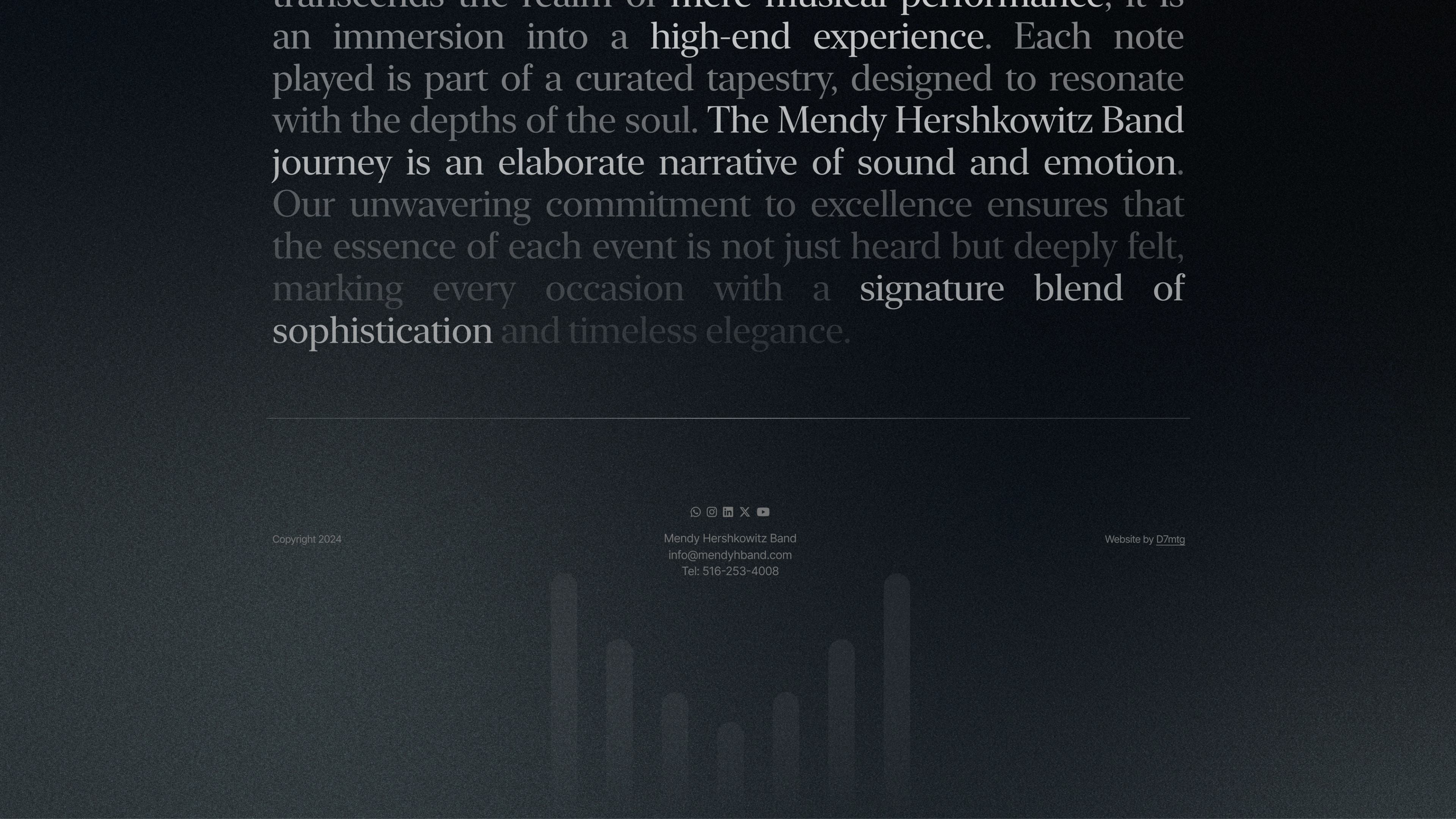 Mendy Hershkowitz Band: Dark editorial section with a band logo in the footer.