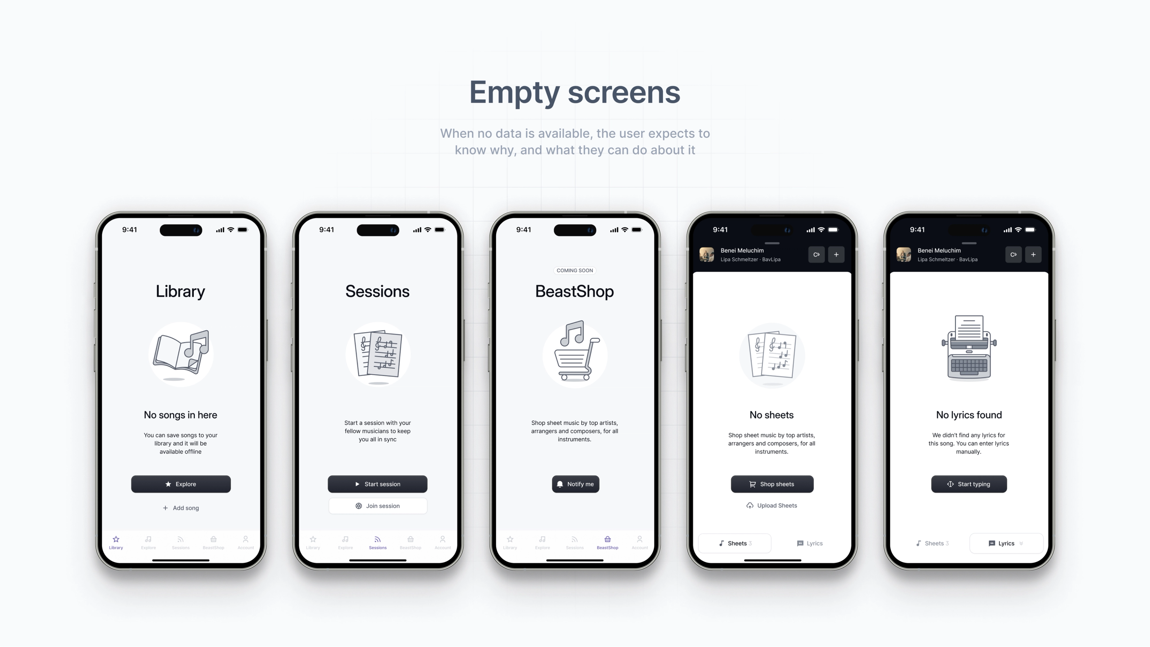 NoteBeast: Empty states for the library, sessions, sharing, and archive.