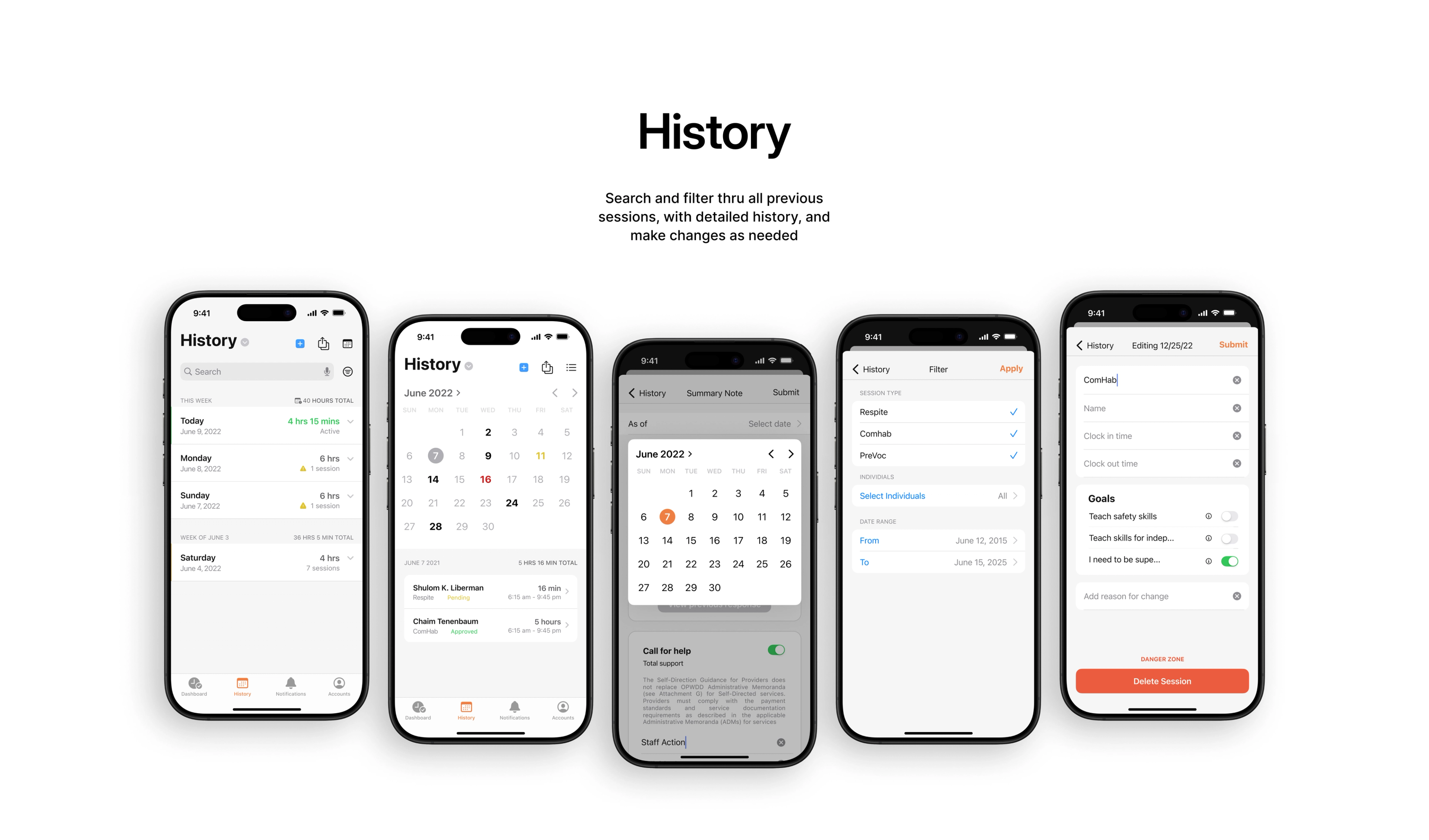 HamaspikHours: Work session history across five mobile screens.