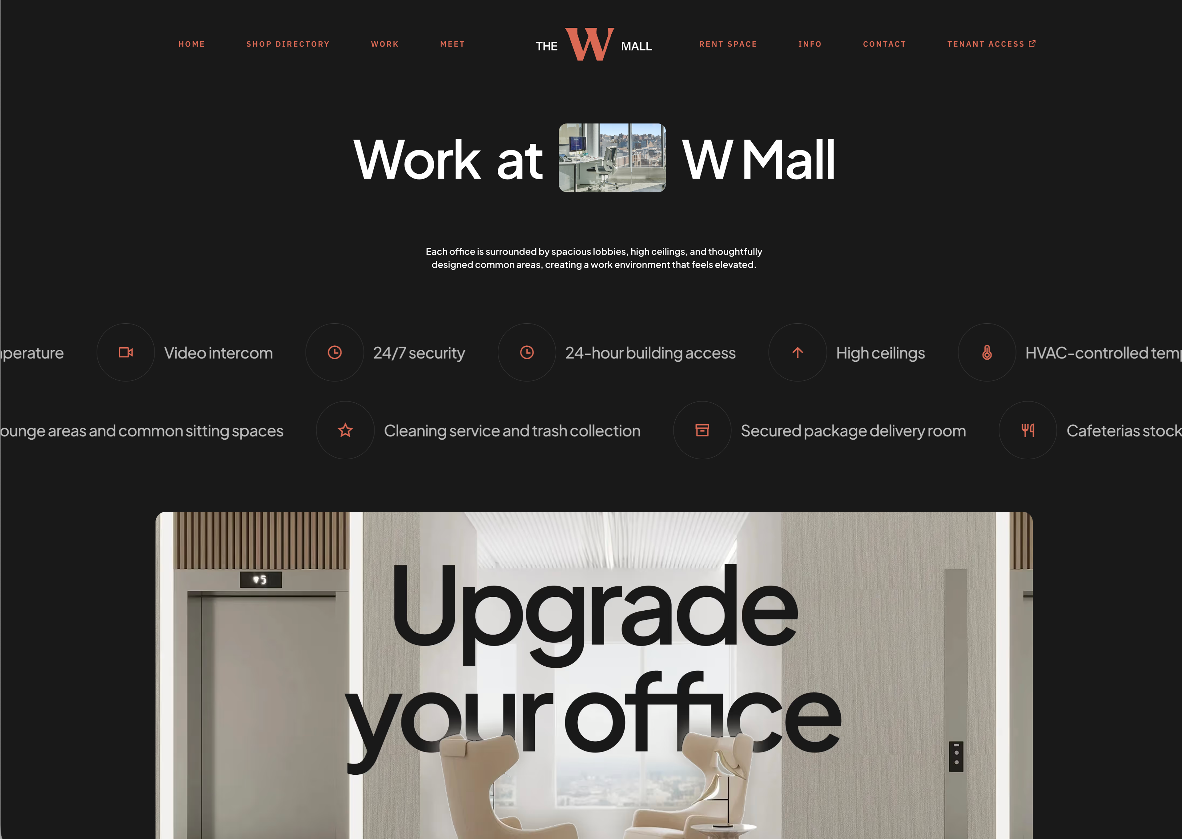 W Mall: Dark office leasing page with workspace photography.