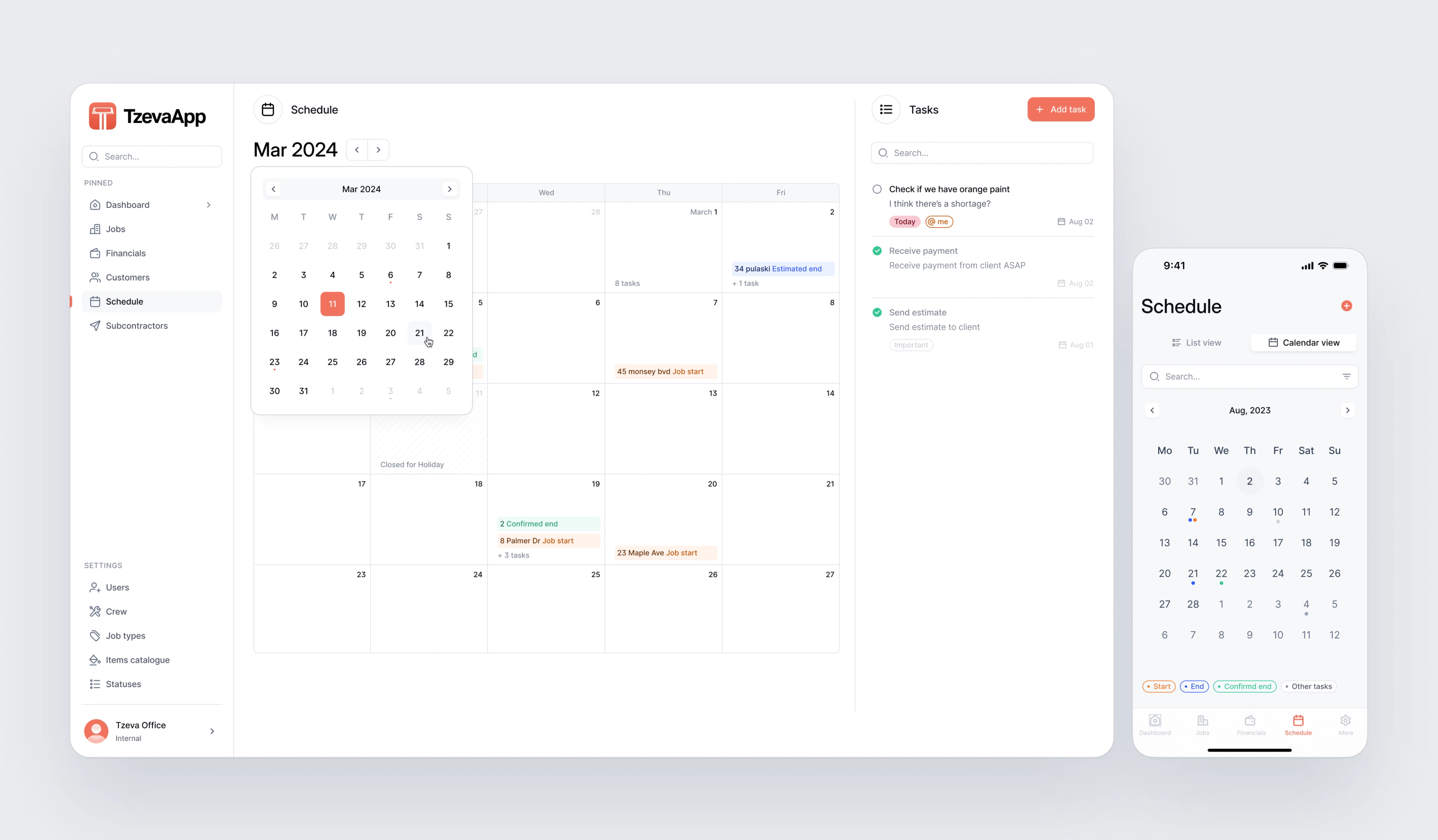TzevaApp: Calendar schedule in desktop and mobile layouts.