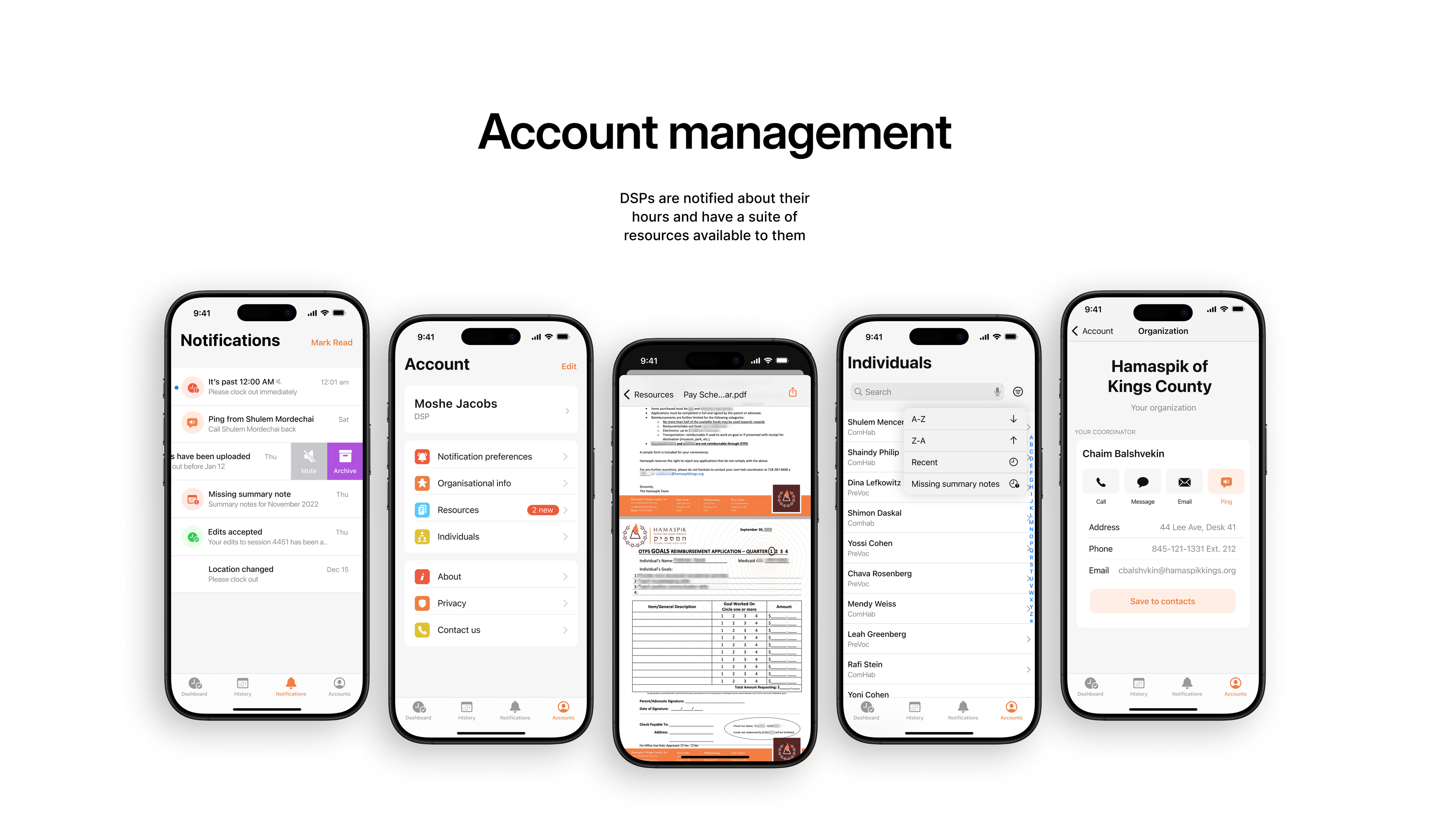 HamaspikHours: Mobile account management and profile screens.
