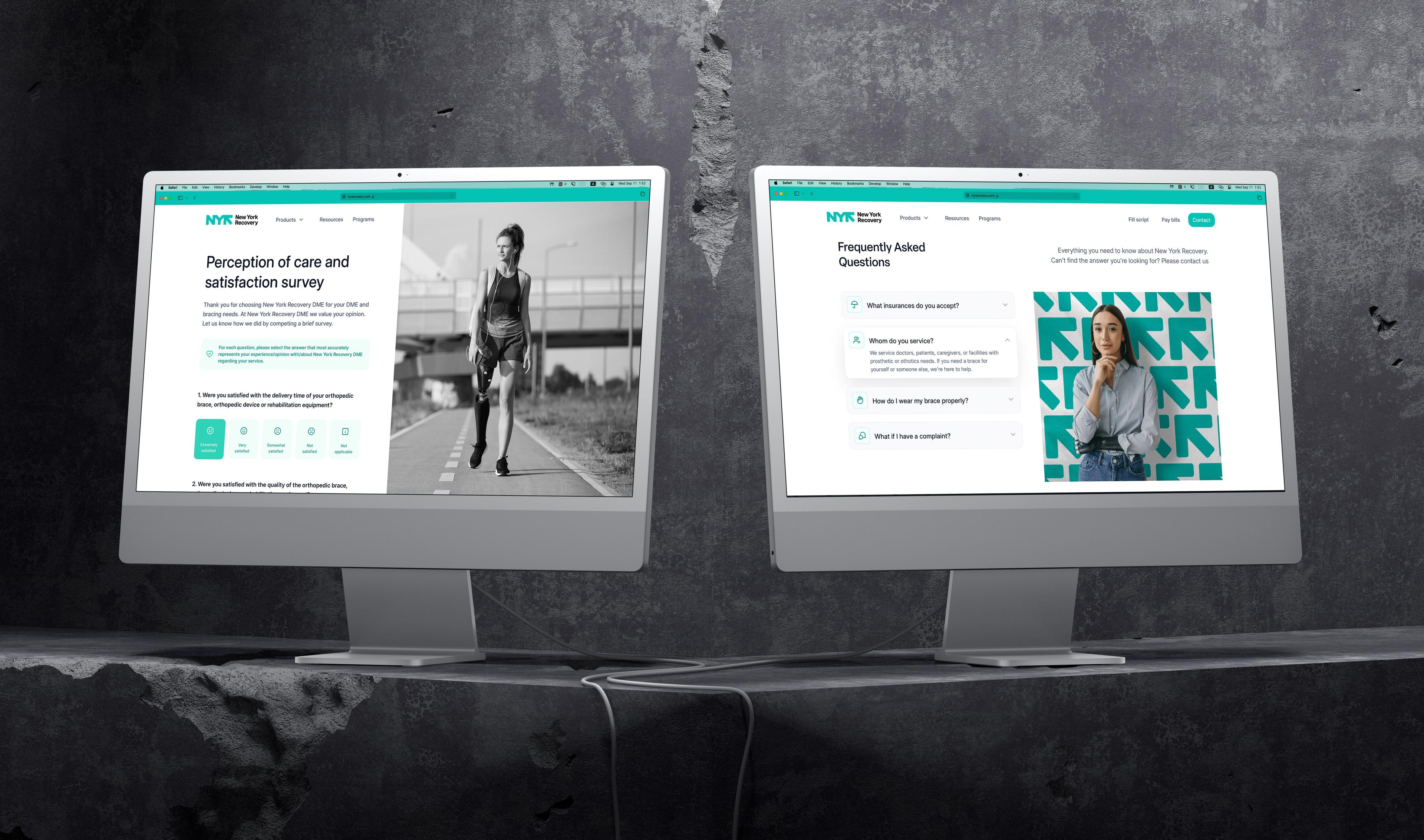 New York Recovery: Prosthetics information and form pages on desktop monitors.