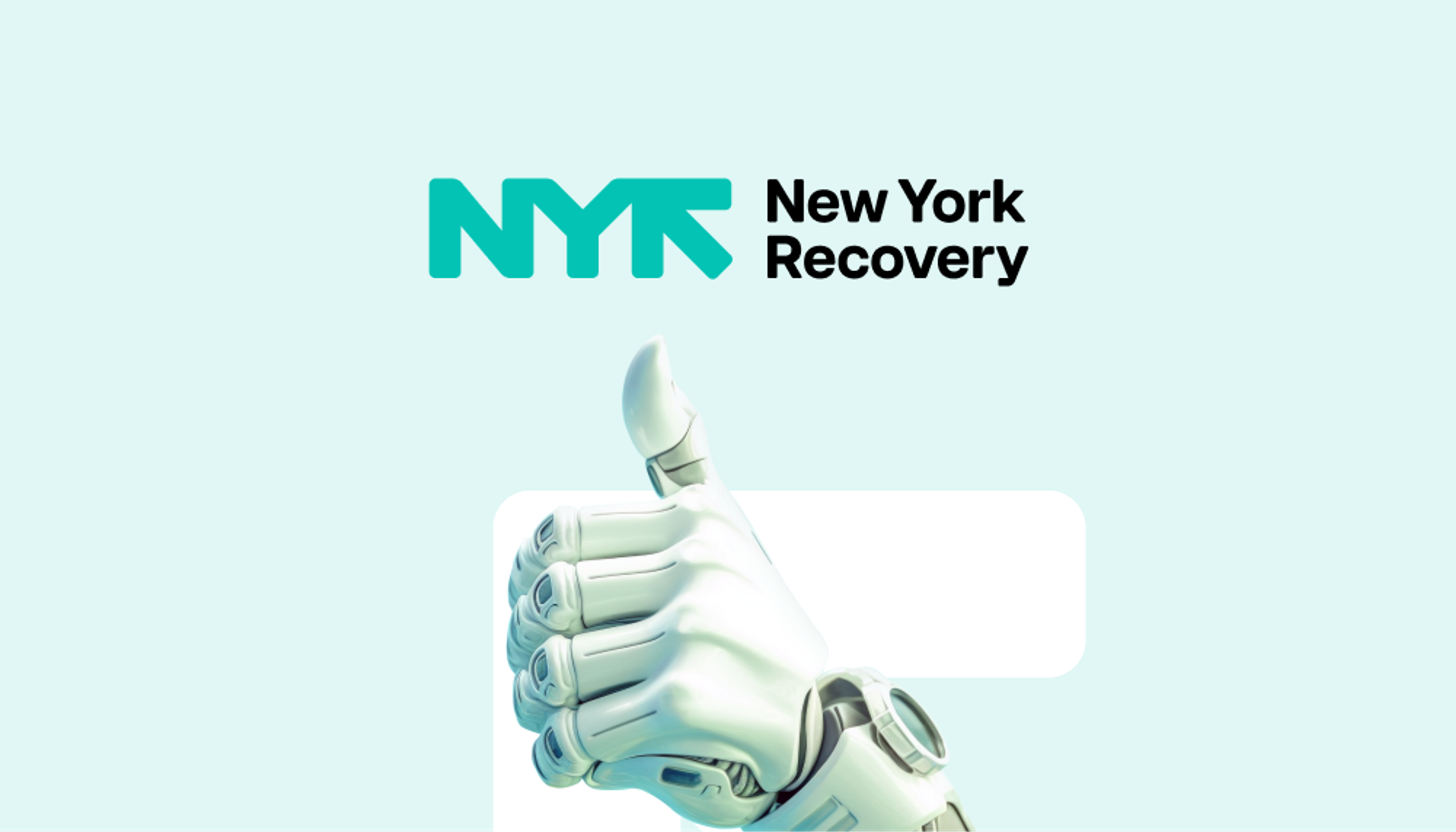 New York Recovery: Teal logo above an illustrated prosthetic arm. Design by D7mtg.