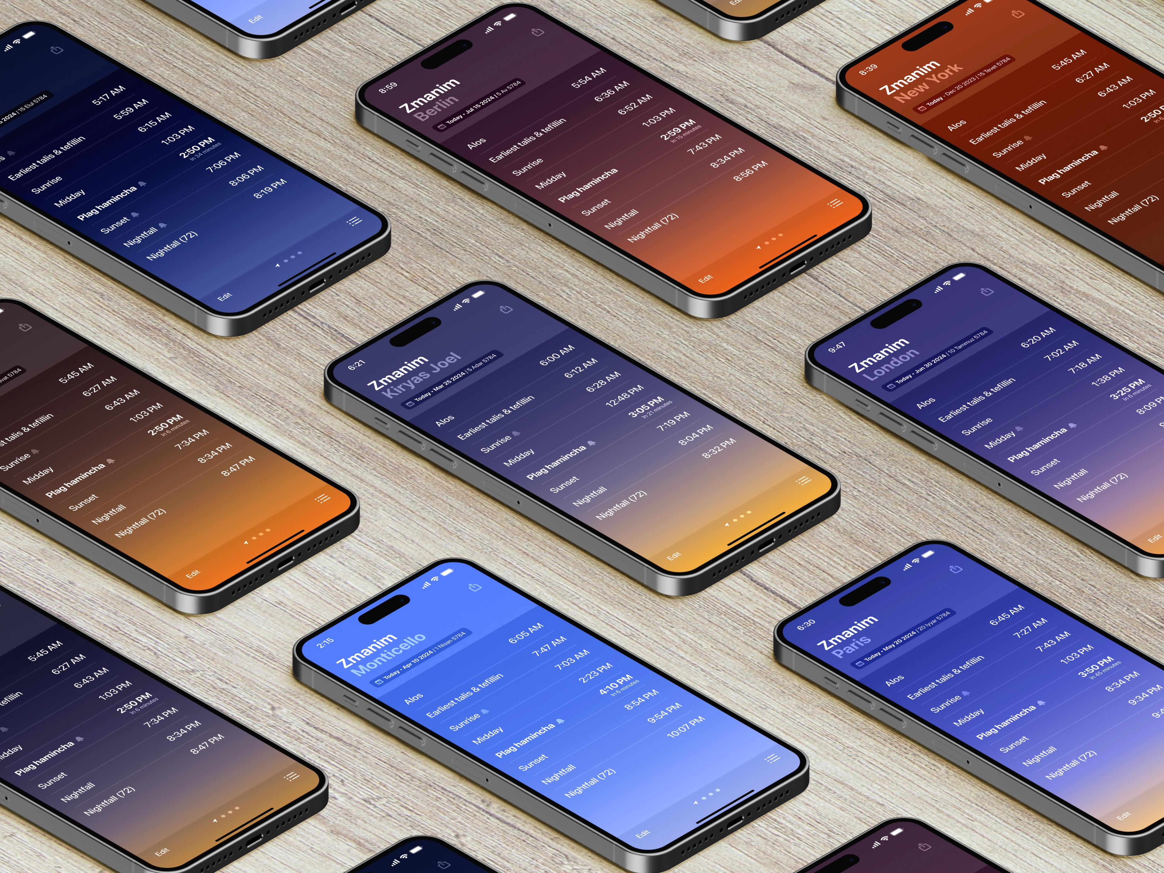 Zmanim: Colorful Jewish prayer time interfaces arranged across phones.