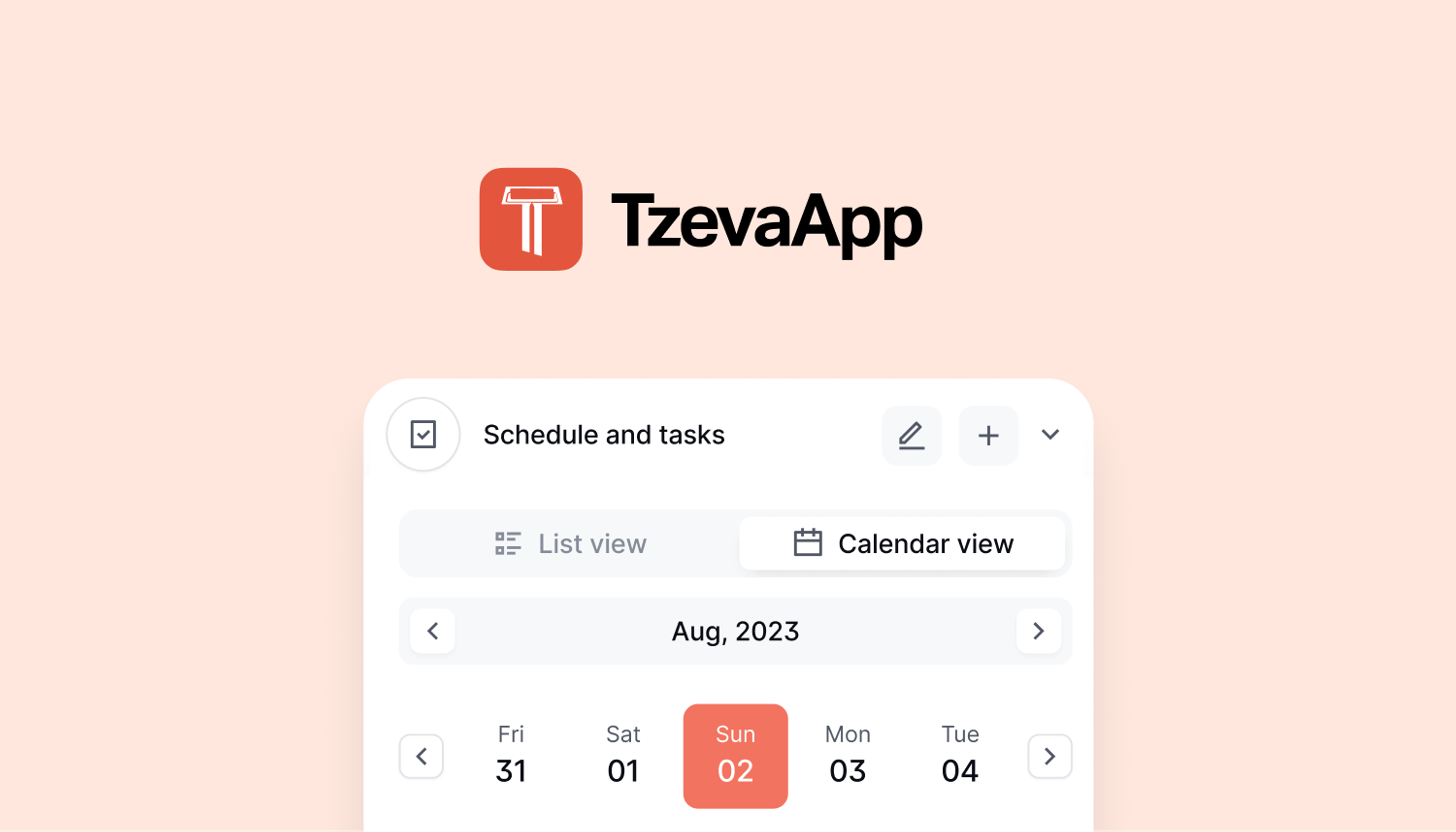 TzevaApp: Orange logo above a scheduling calendar interface. Design by D7mtg.