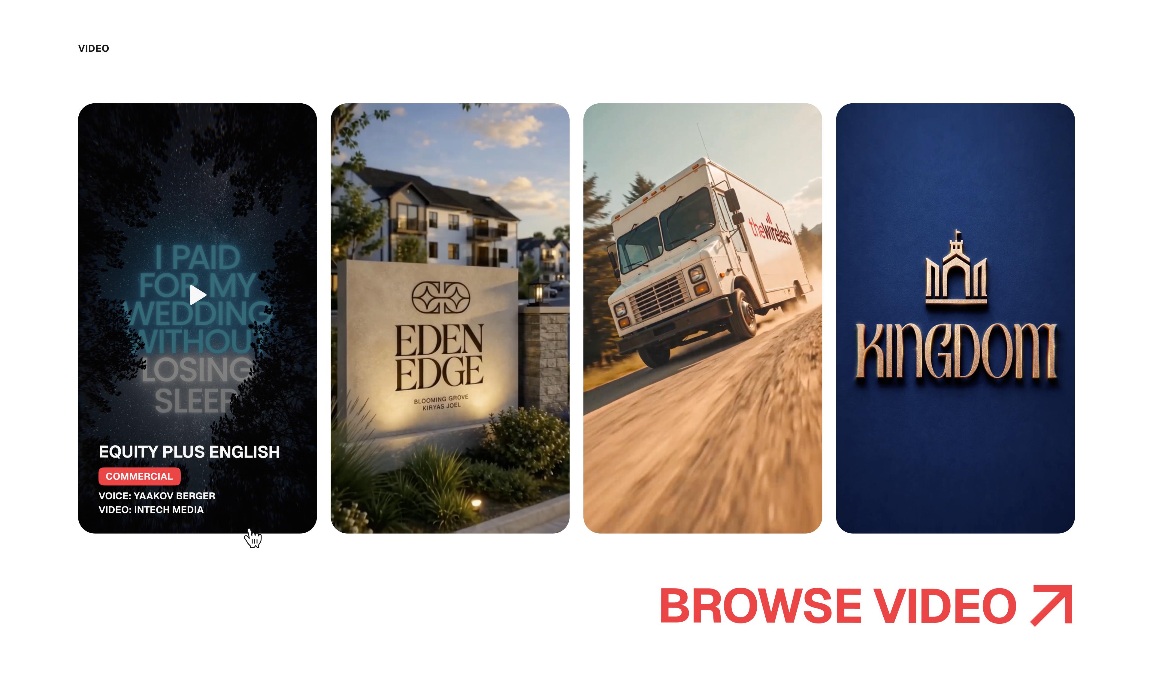 Pound Voices: Video project gallery with four vertical thumbnails.