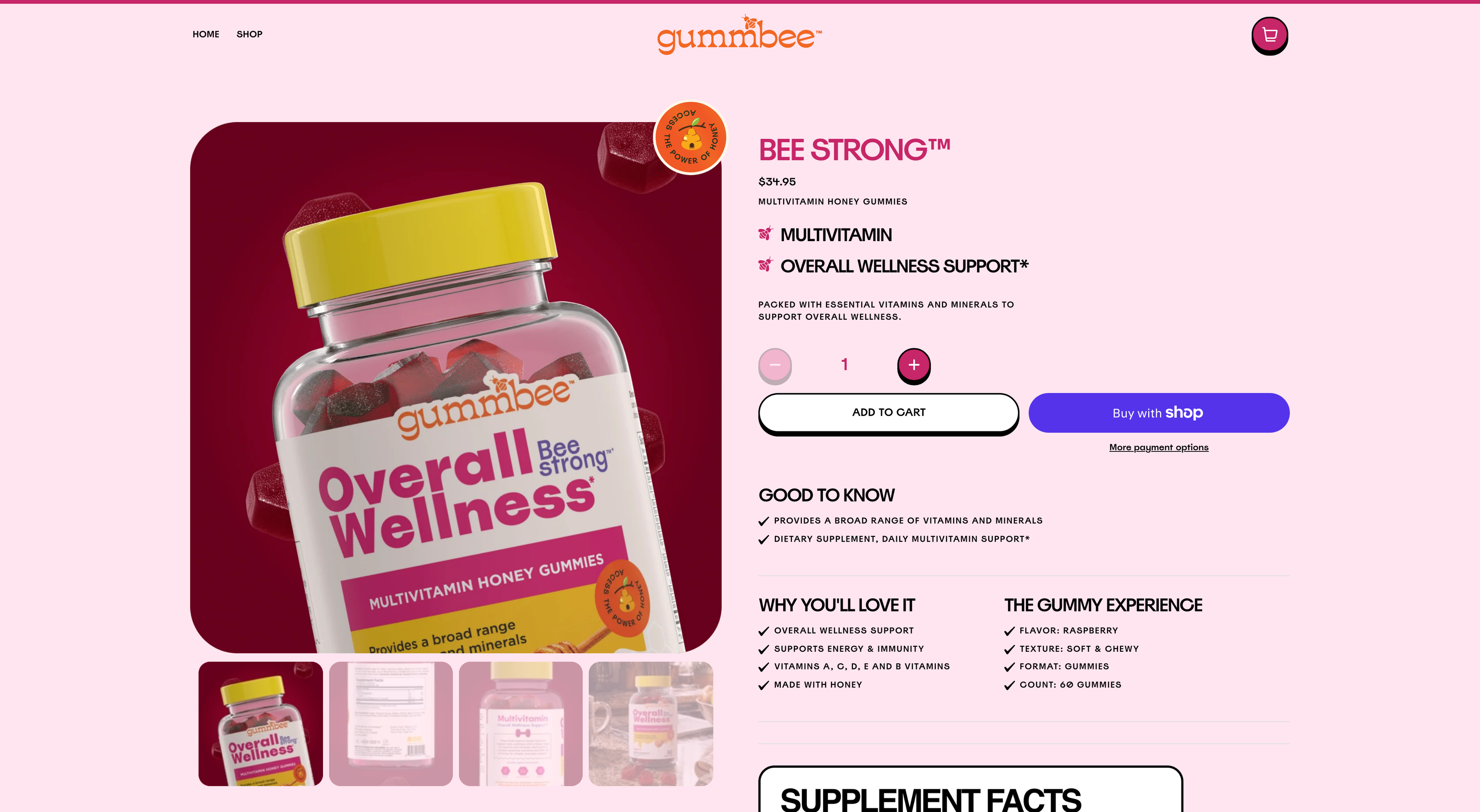 Gummbee Bee Strong product page with a large vitamin bottle, product details, and purchase controls on a pink background.