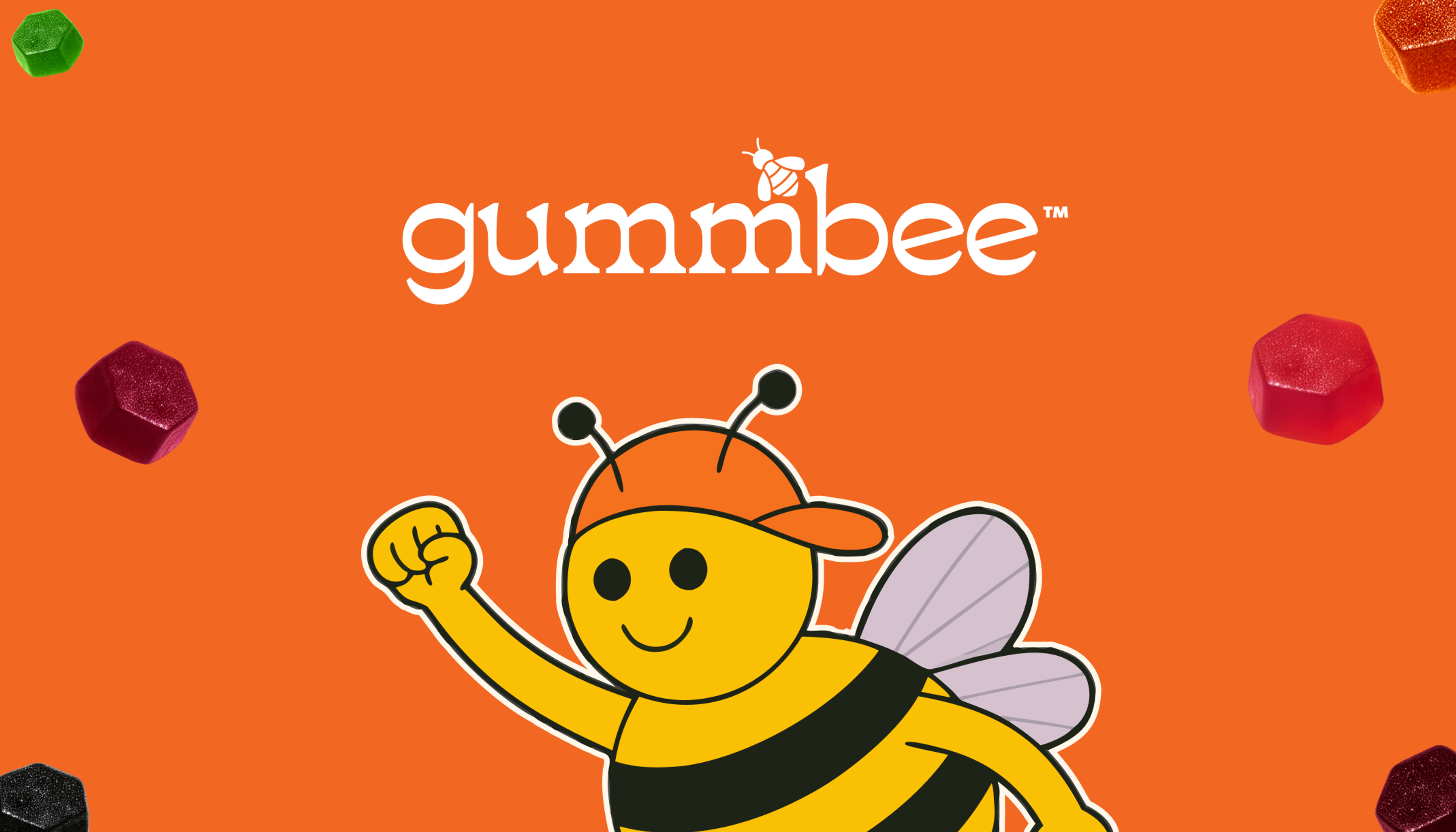 Gummbee wordmark and smiling bee mascot surrounded by gummies on an orange background.