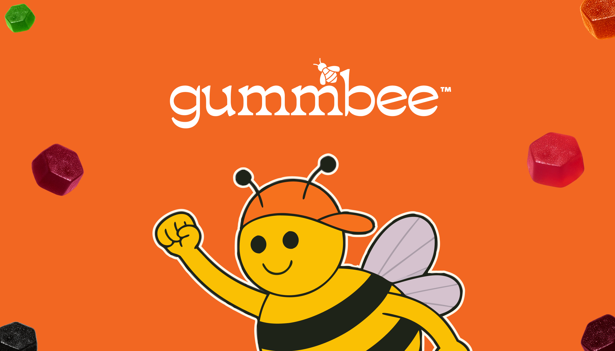 Gummbee wordmark and smiling bee mascot surrounded by gummies on an orange background.