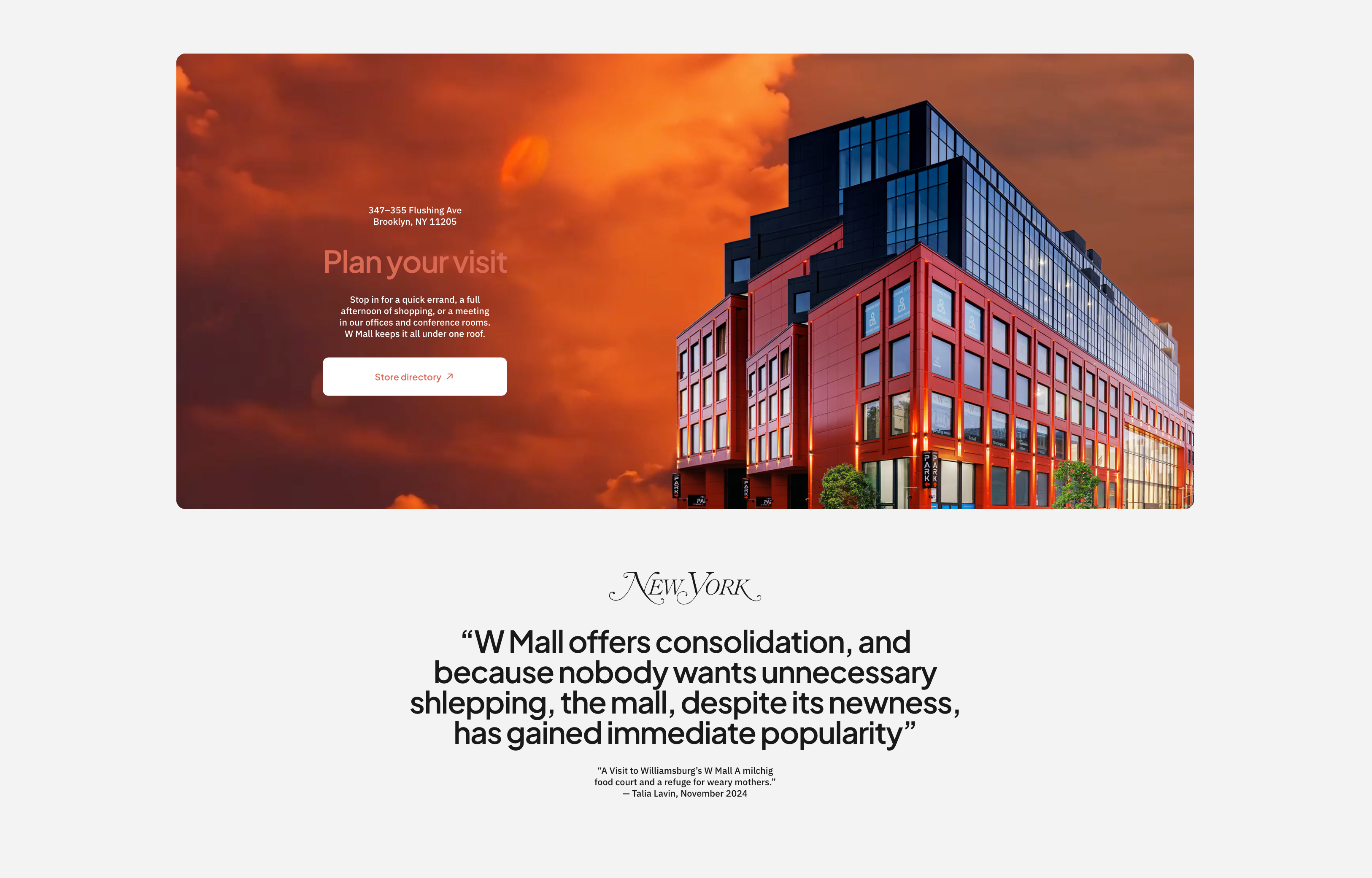 W Mall: Website homepage with a building against an orange sky.