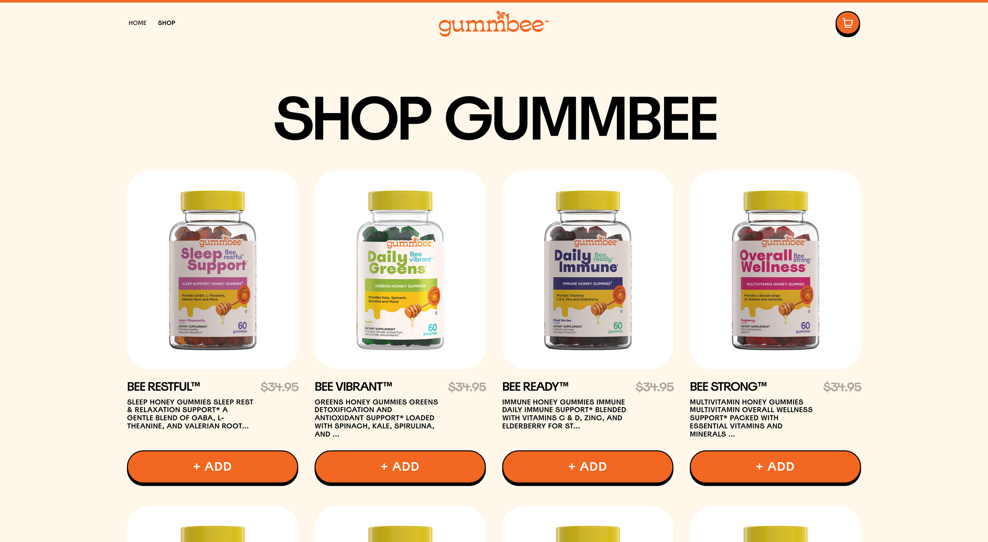 Gummbee shop page showing vitamin bottles in a four-column grid with product descriptions, prices, and orange add buttons.