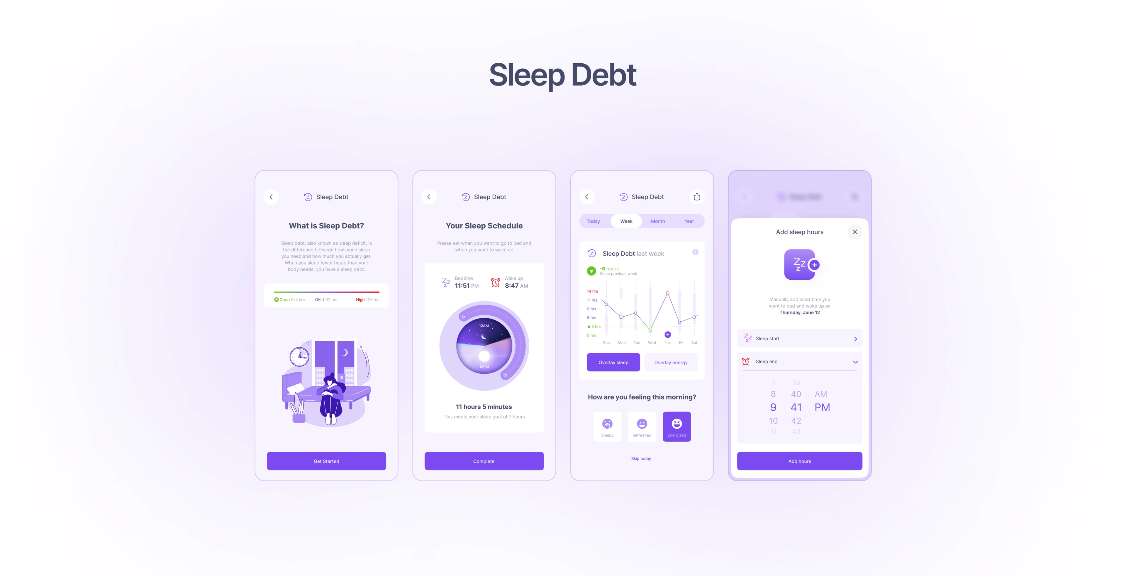 AuraTrack: Purple sleep debt charts and mobile detail screens.