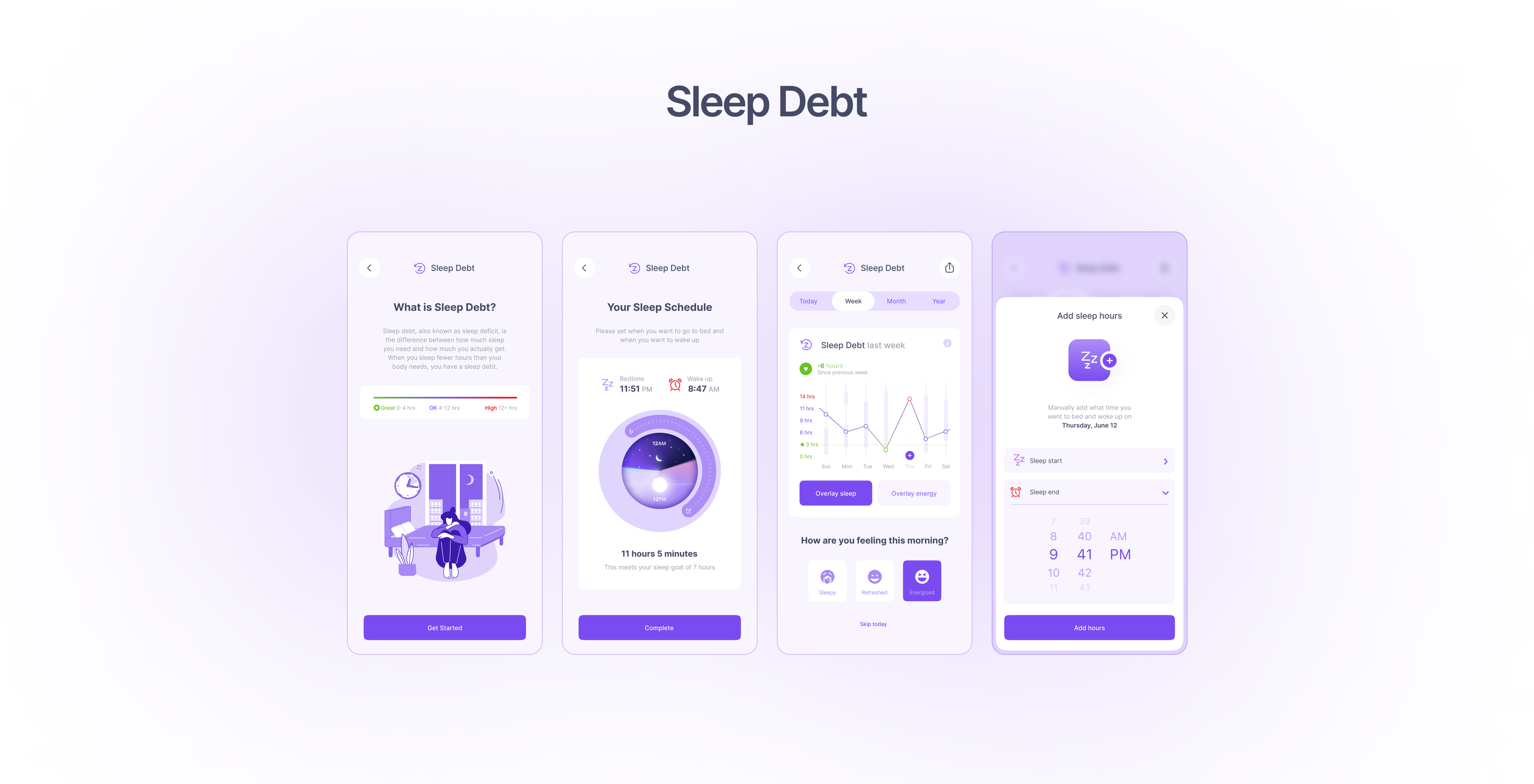 AuraTrack: Purple sleep debt charts and mobile detail screens.