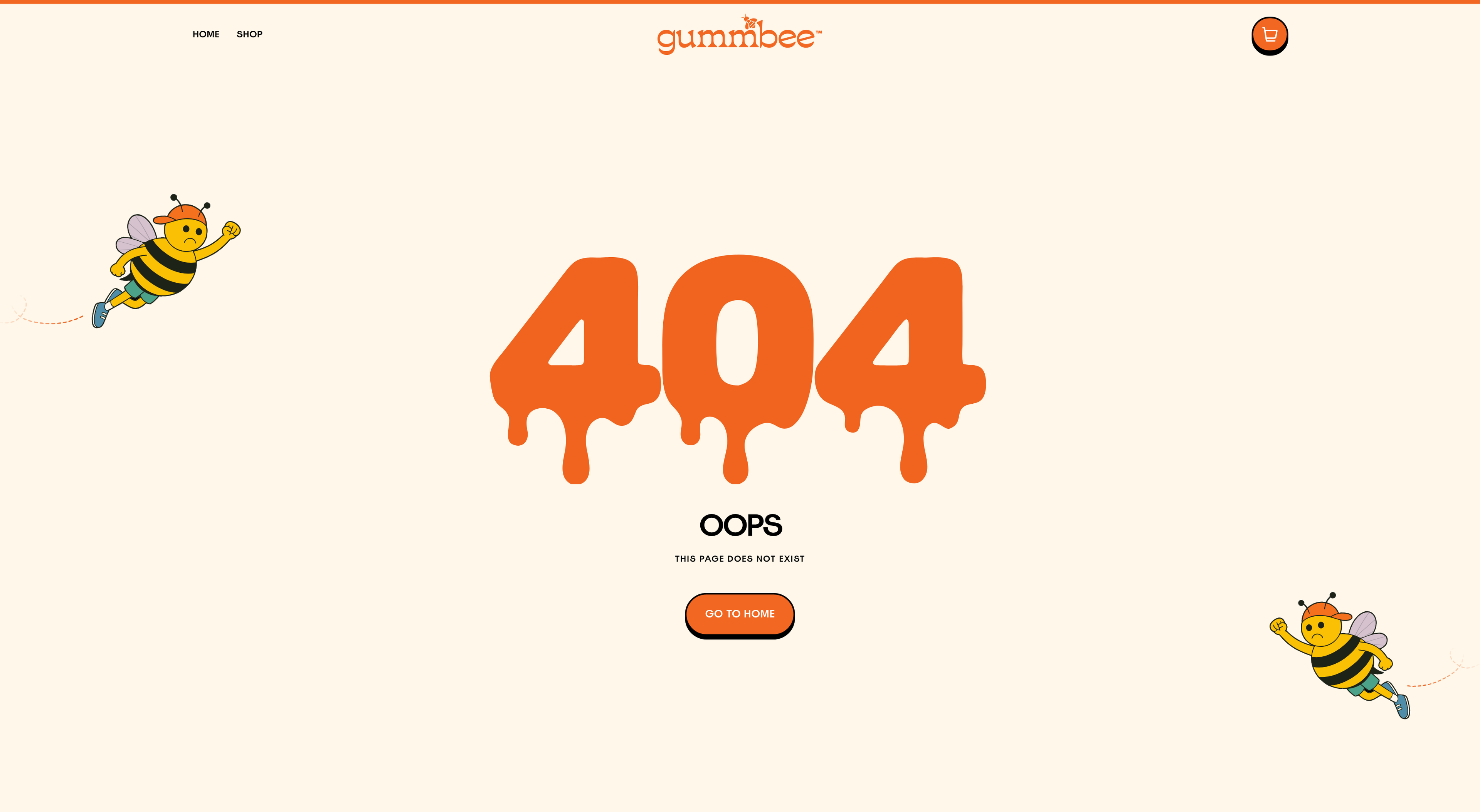Gummbee 404 page with dripping orange numerals, two flying bee characters, and a Go to Home button.