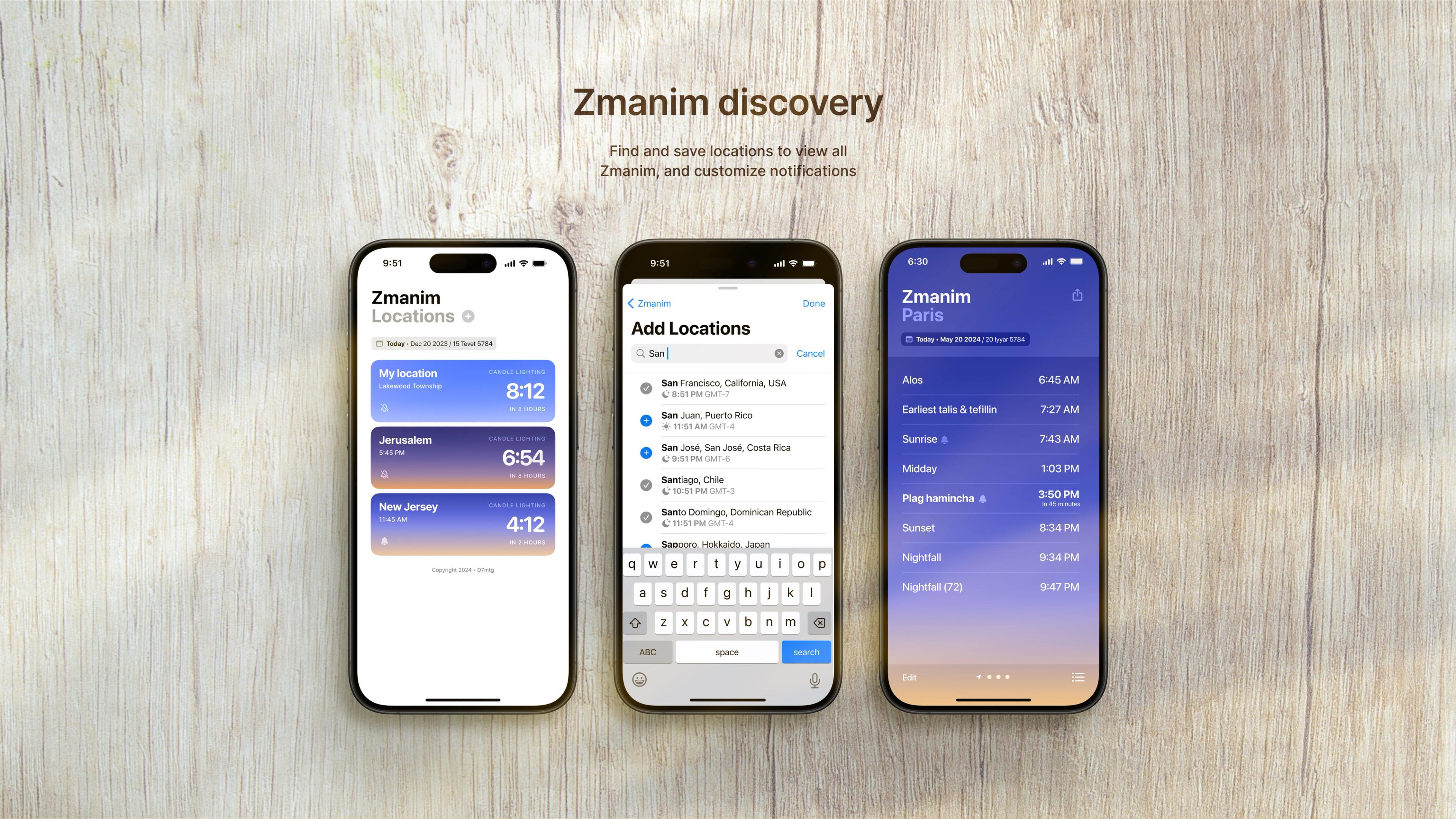Zmanim: Location and prayer time discovery across mobile screens.