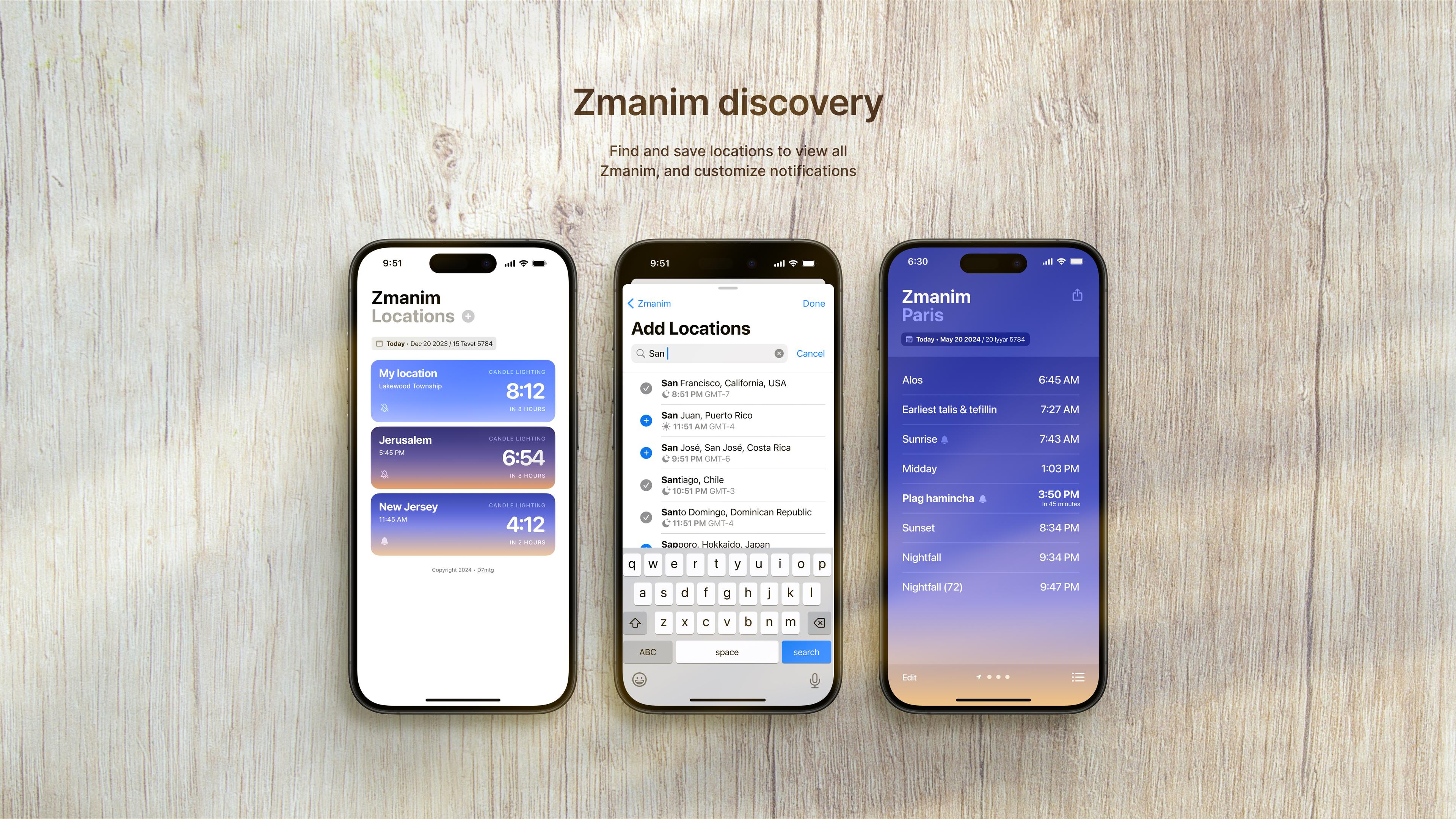 Zmanim: Location and prayer time discovery across mobile screens.