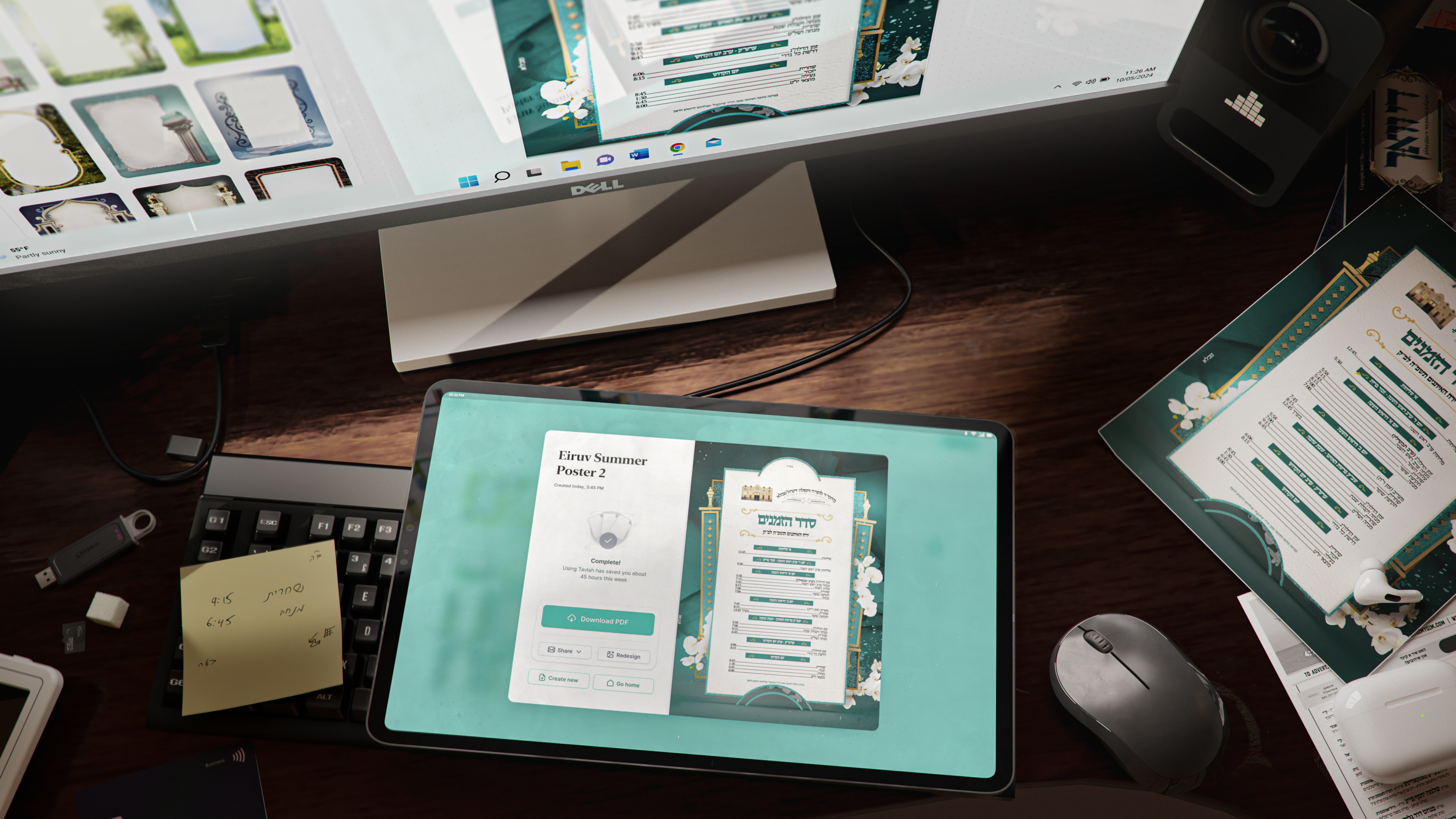 Tavlah: Poster editor on a tablet beside printed designs.
