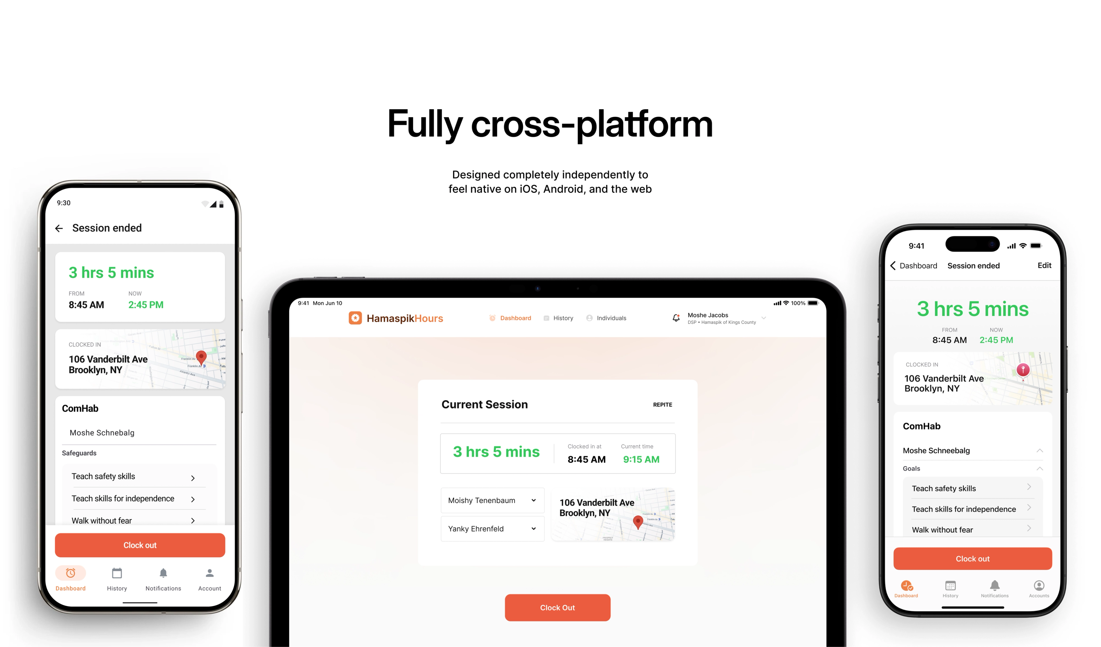 HamaspikHours: Time tracking interfaces on a phone, tablet, and desktop.