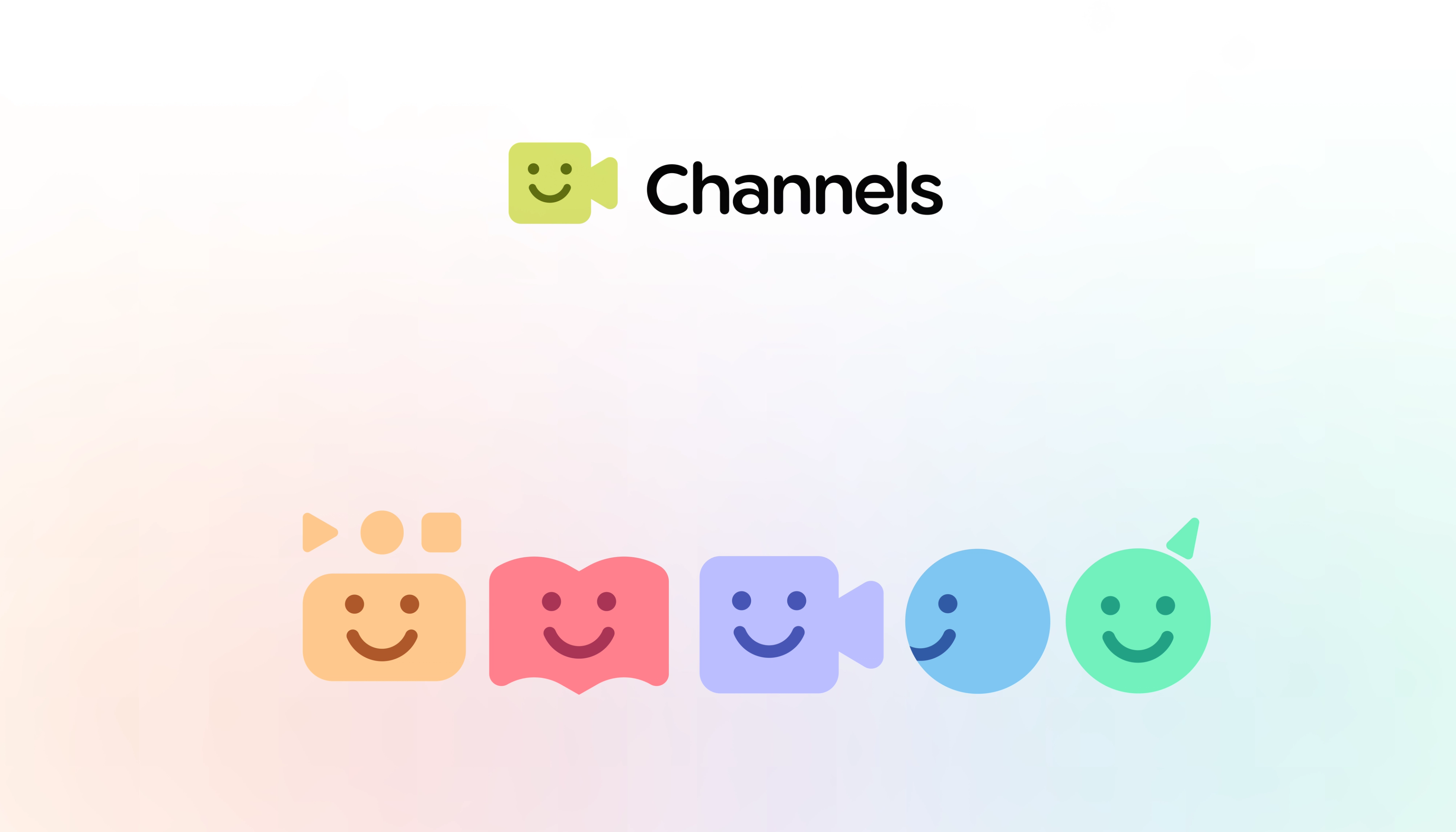 Channels: Black wordmark above a row of colorful smiling symbols. Design by D7mtg.