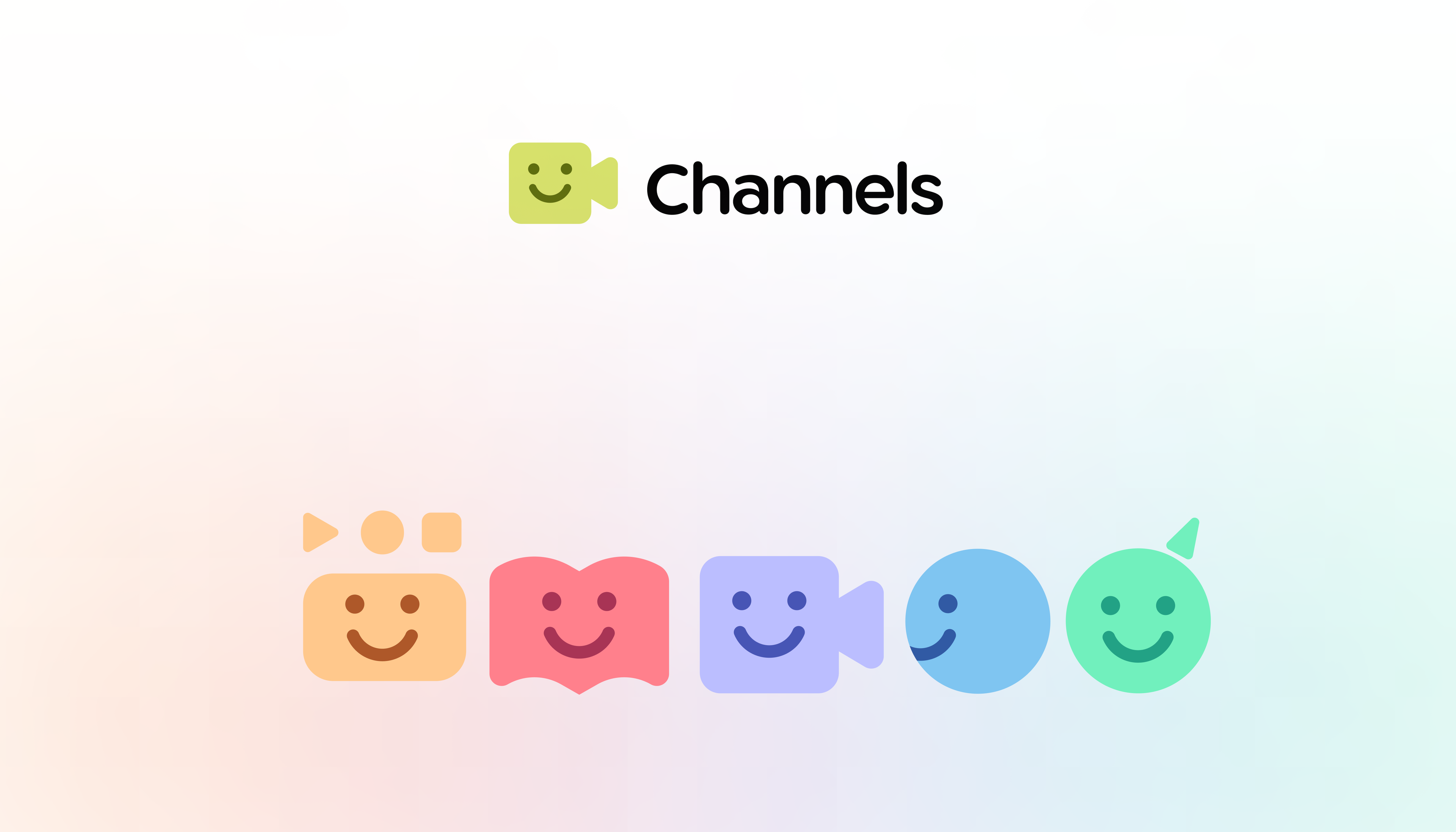 Channels: Black wordmark above a row of colorful smiling symbols. Design by D7mtg.
