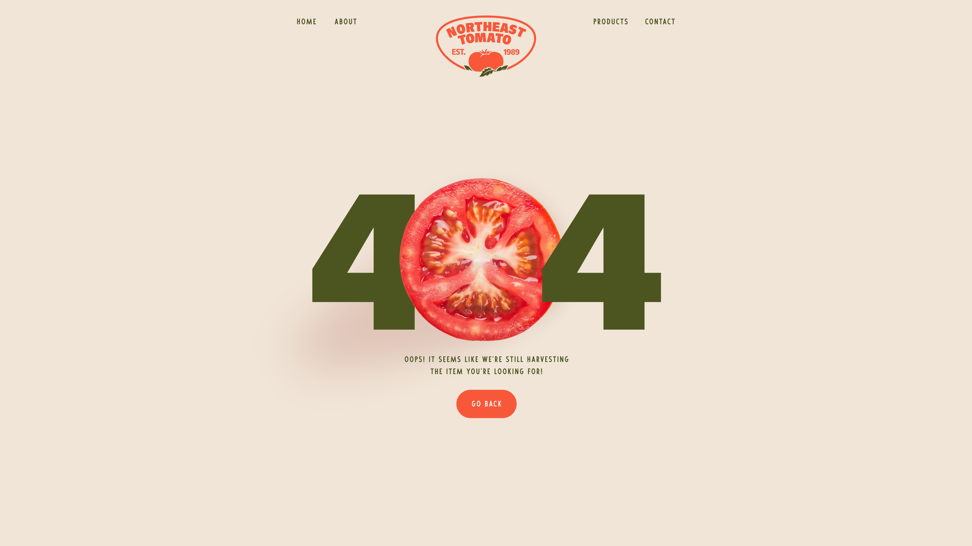 Northeast Tomato: Custom 404 page with a tomato replacing the zero.