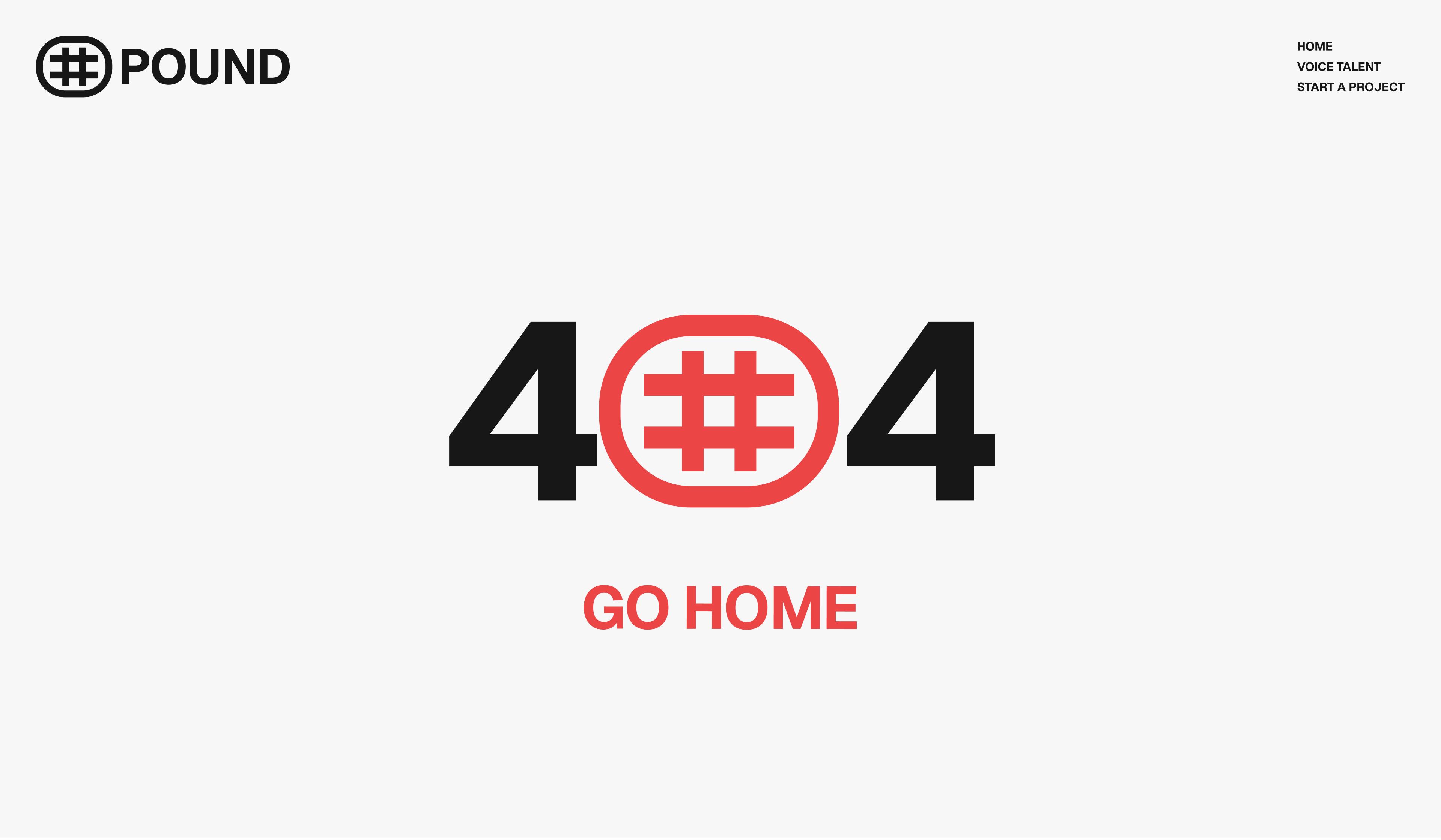 Pound Voices: Custom 404 page with the brand symbol replacing the zero.