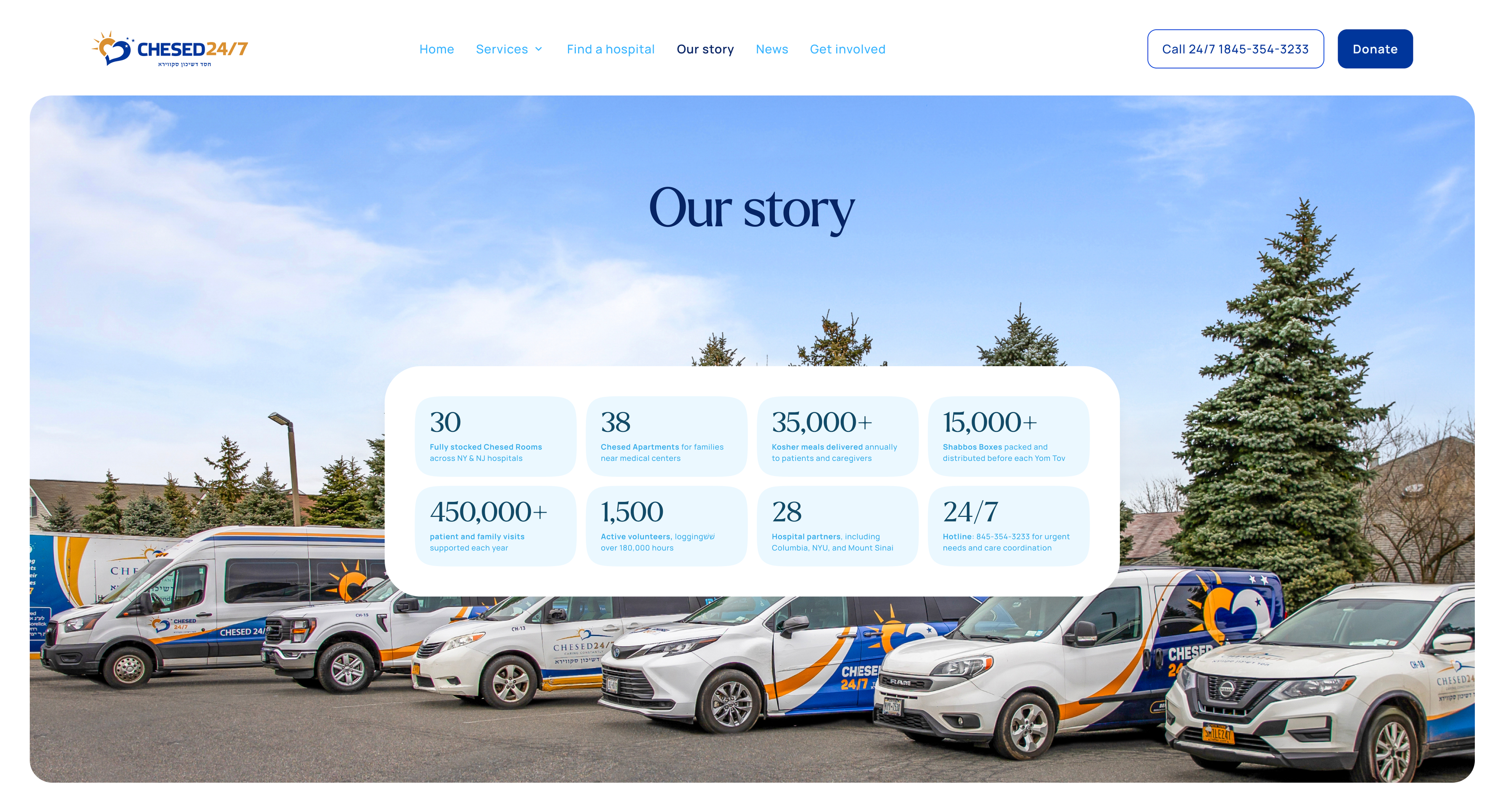 Chesed 24/7: Nonprofit website story section with a volunteer vehicle fleet.