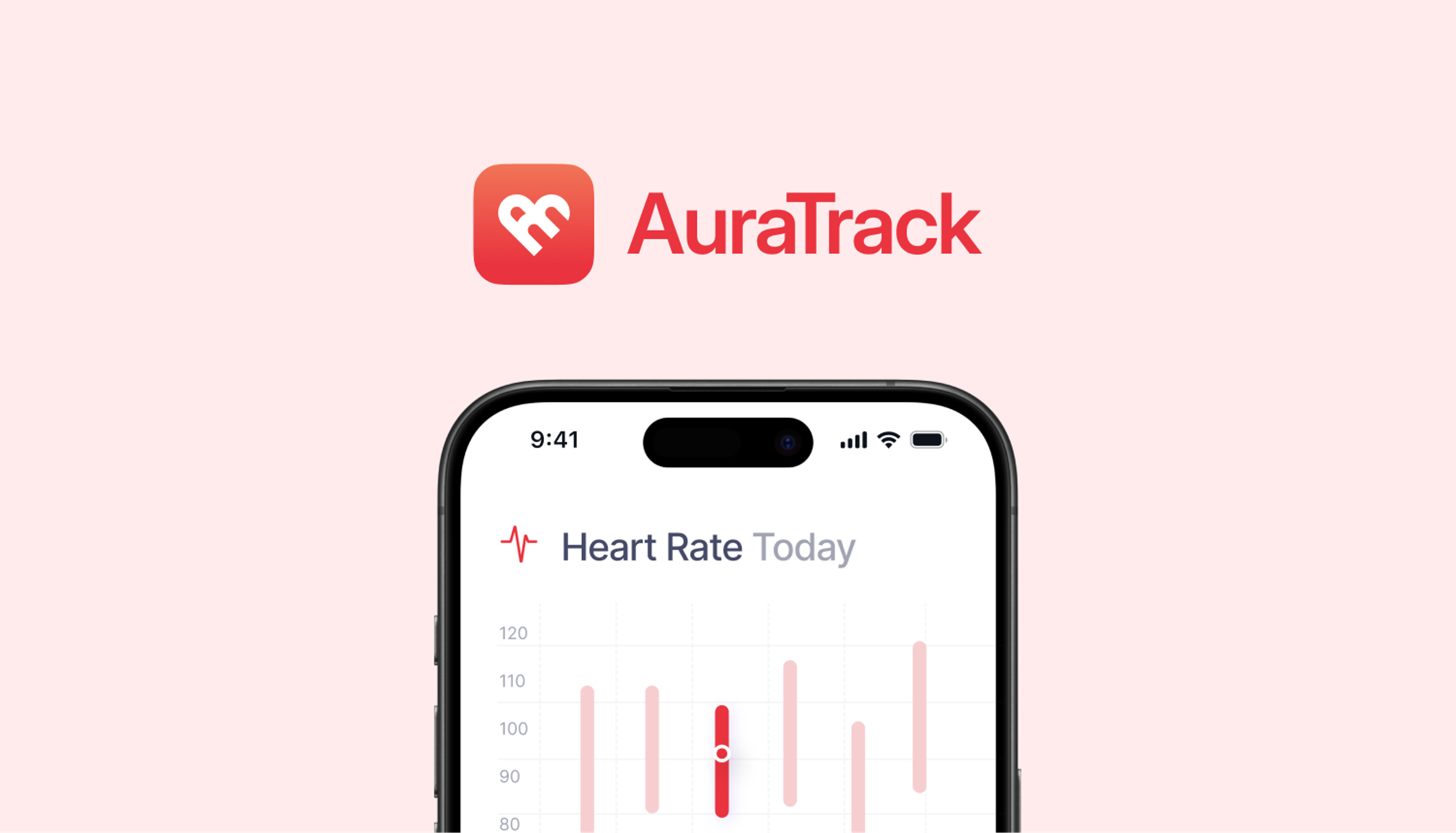 AuraTrack: Red logo above an iPhone heart rate chart. Design by D7mtg.
