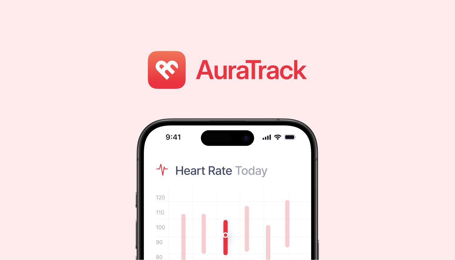 AuraTrack: Red logo above an iPhone heart rate chart. Design by D7mtg.