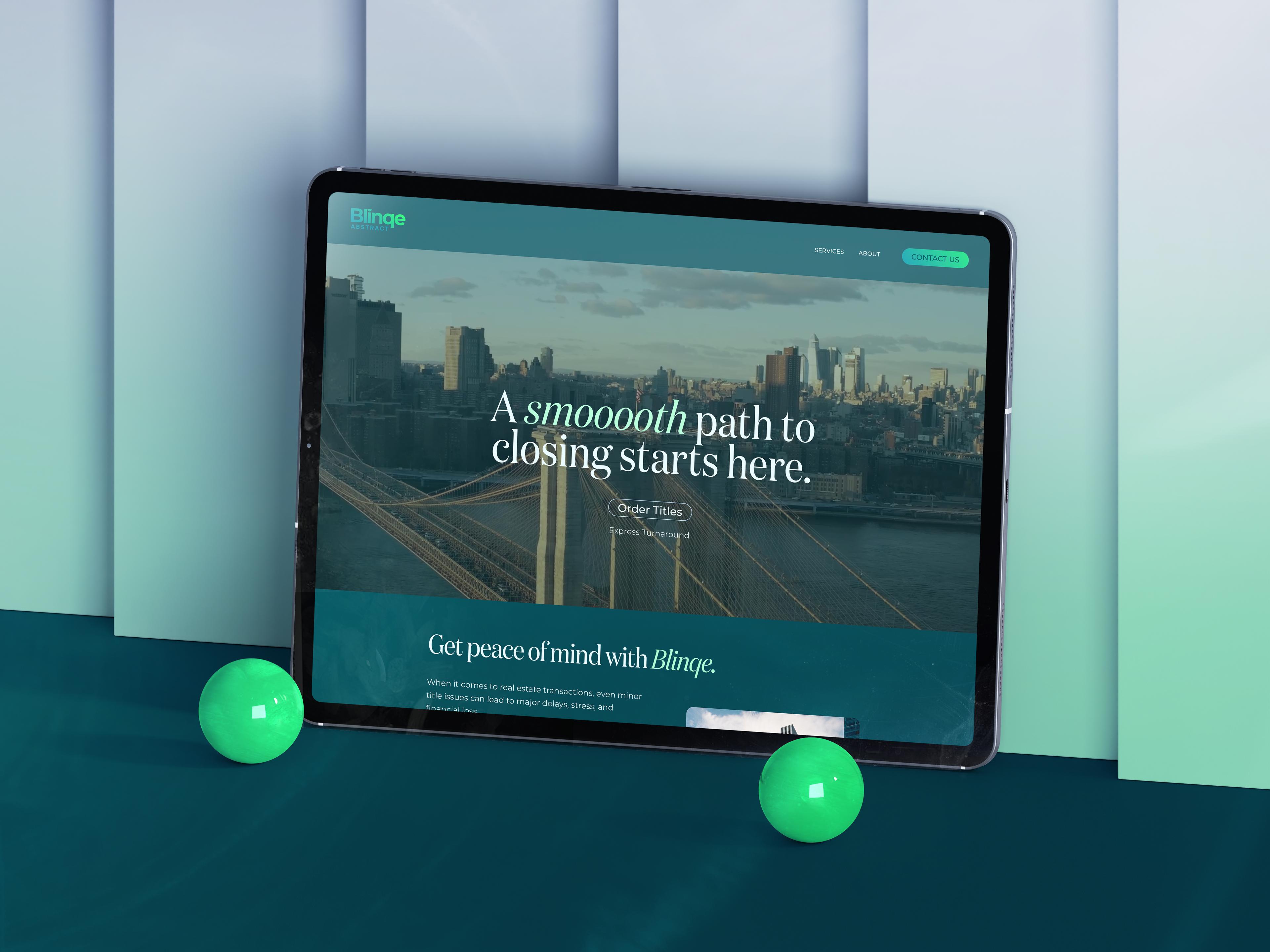 Blinqe Abstract: Title services website homepage on a tablet.