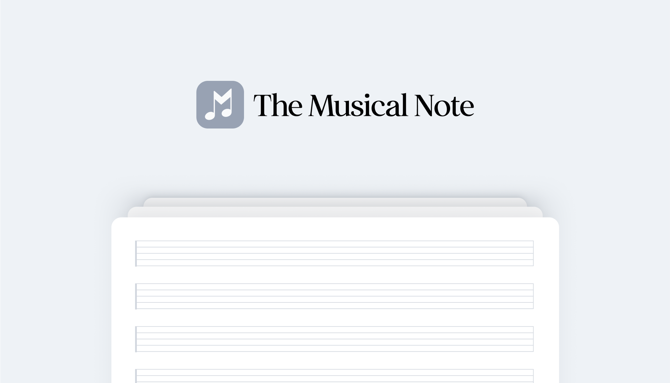 The Musical Note: Gray logo above stacked sheet music pages. Design by D7mtg.