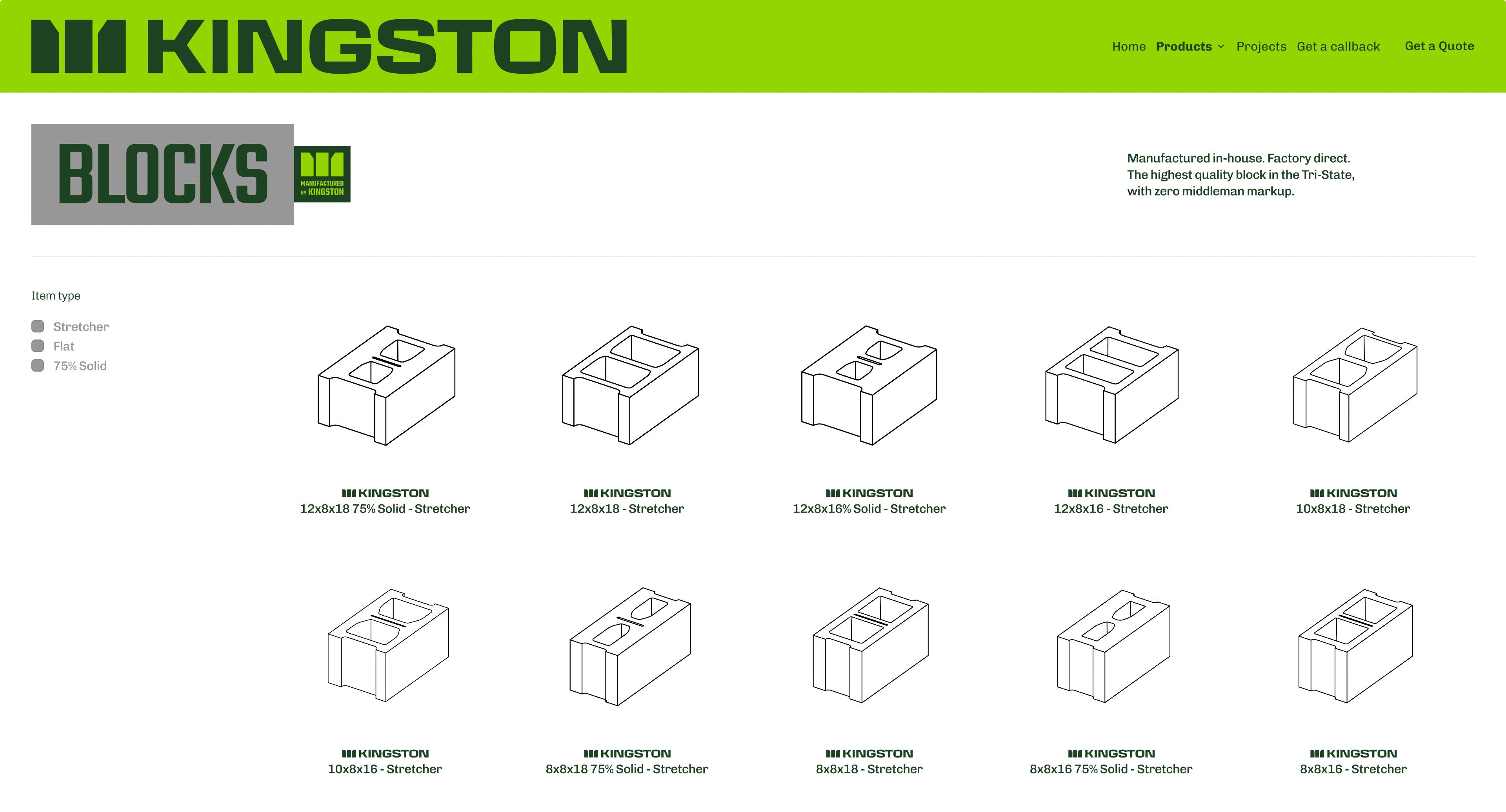 Kingston Block: Concrete block product catalog with technical line drawings.