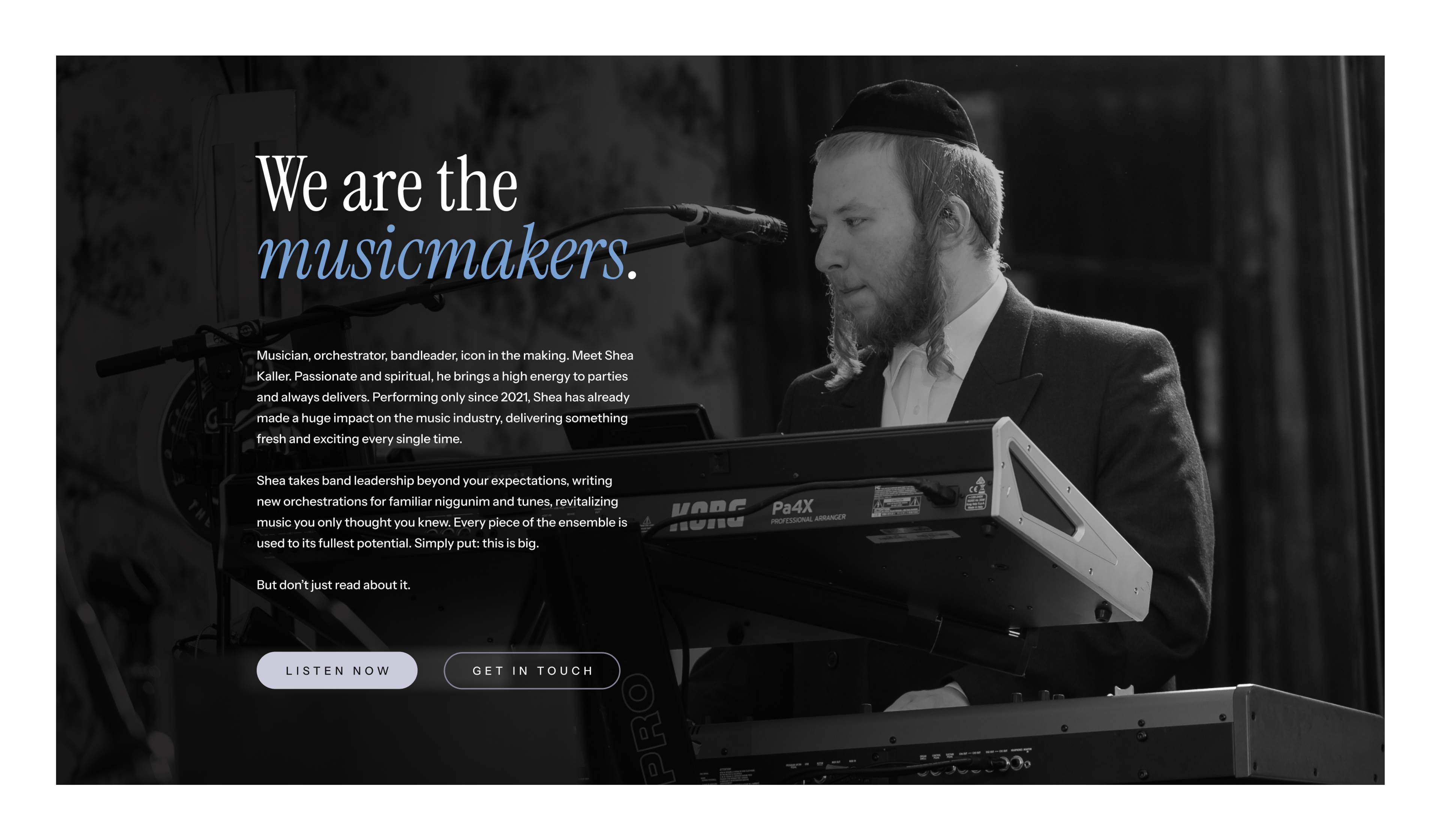 Shea Kaller: Dark website section with a monochrome musician portrait.