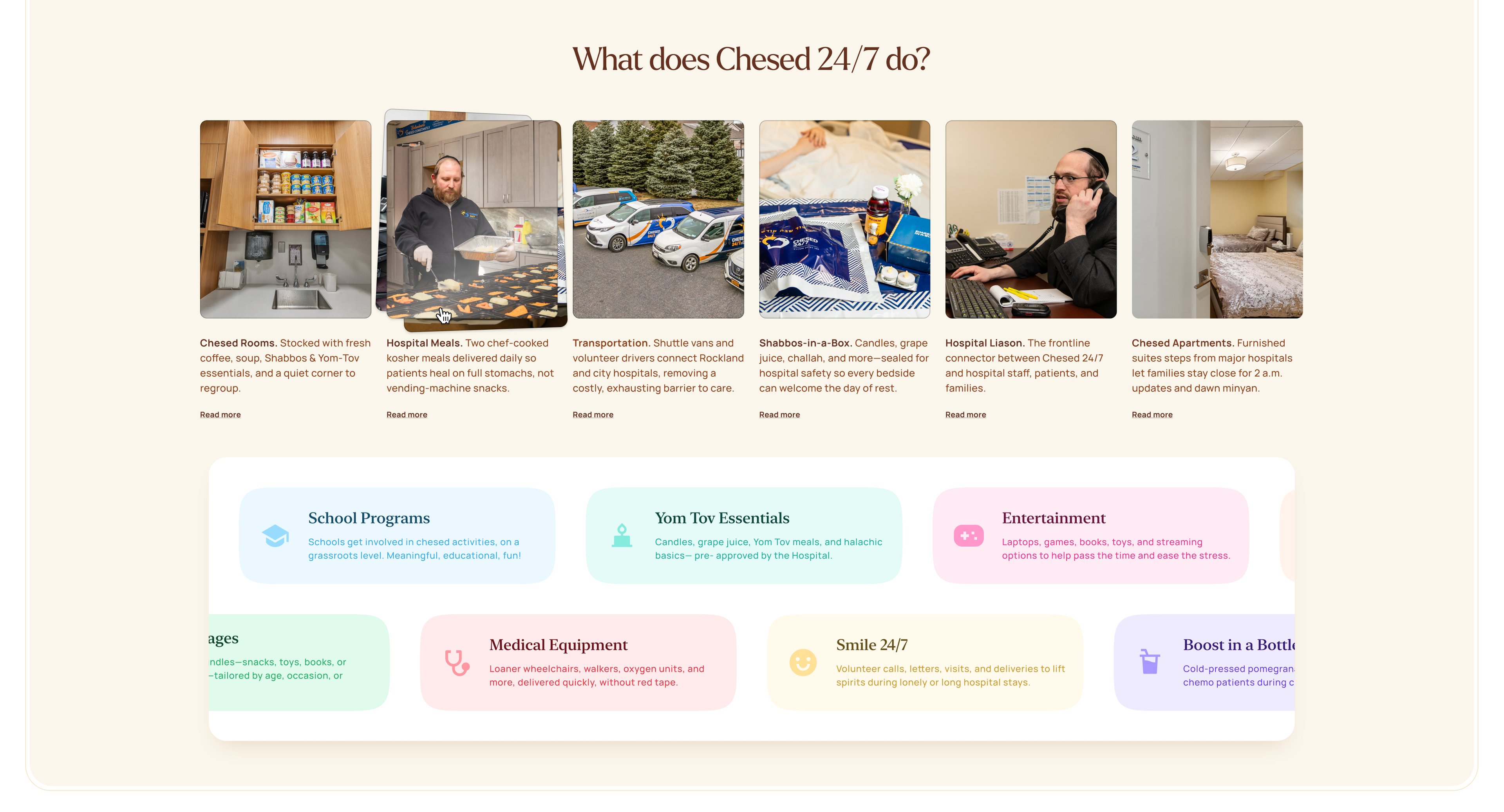 Chesed 24/7: Nonprofit services overview with color-coded program cards.