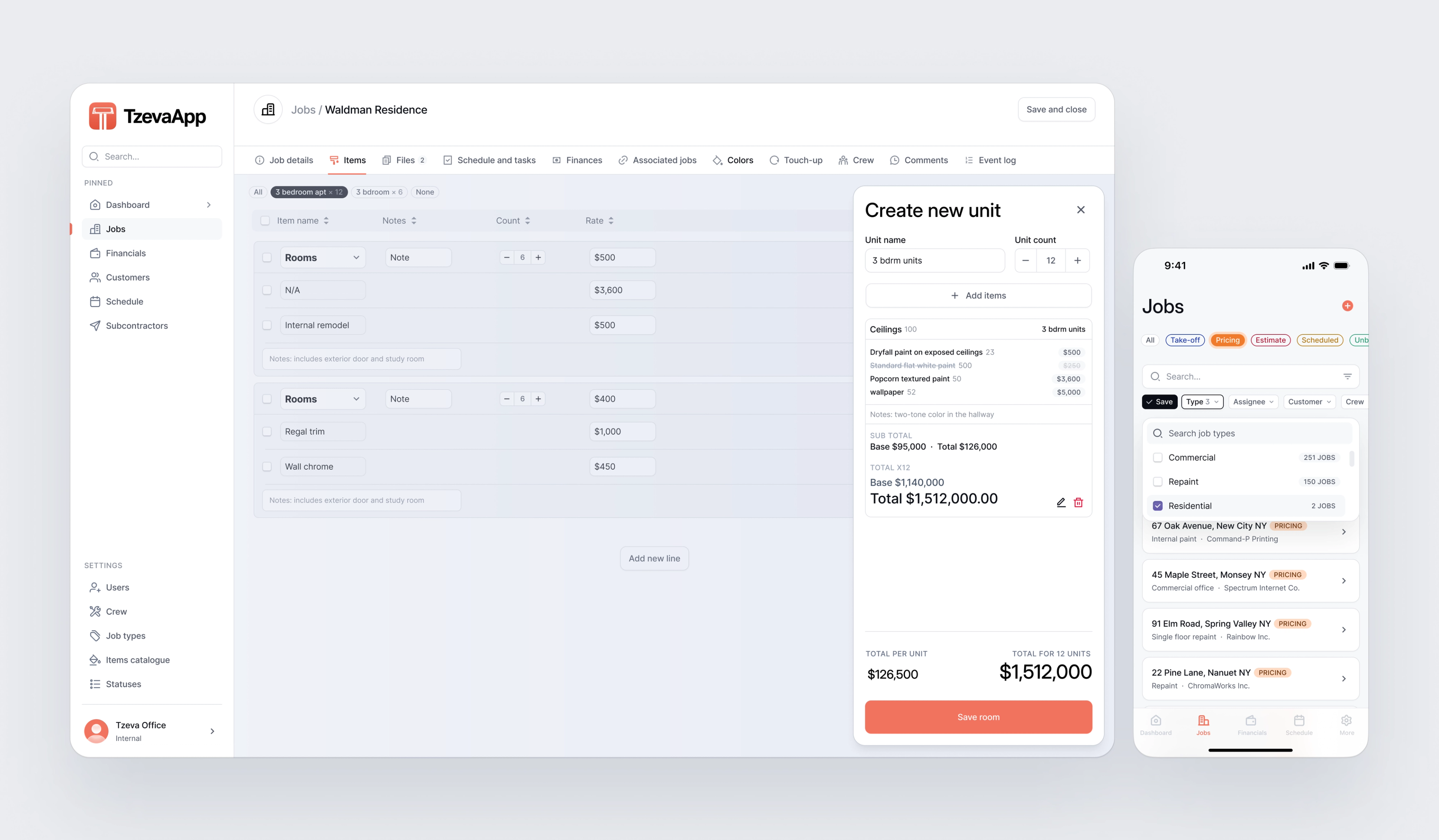 TzevaApp: Invoice editor with line items and totals beside a mobile view.