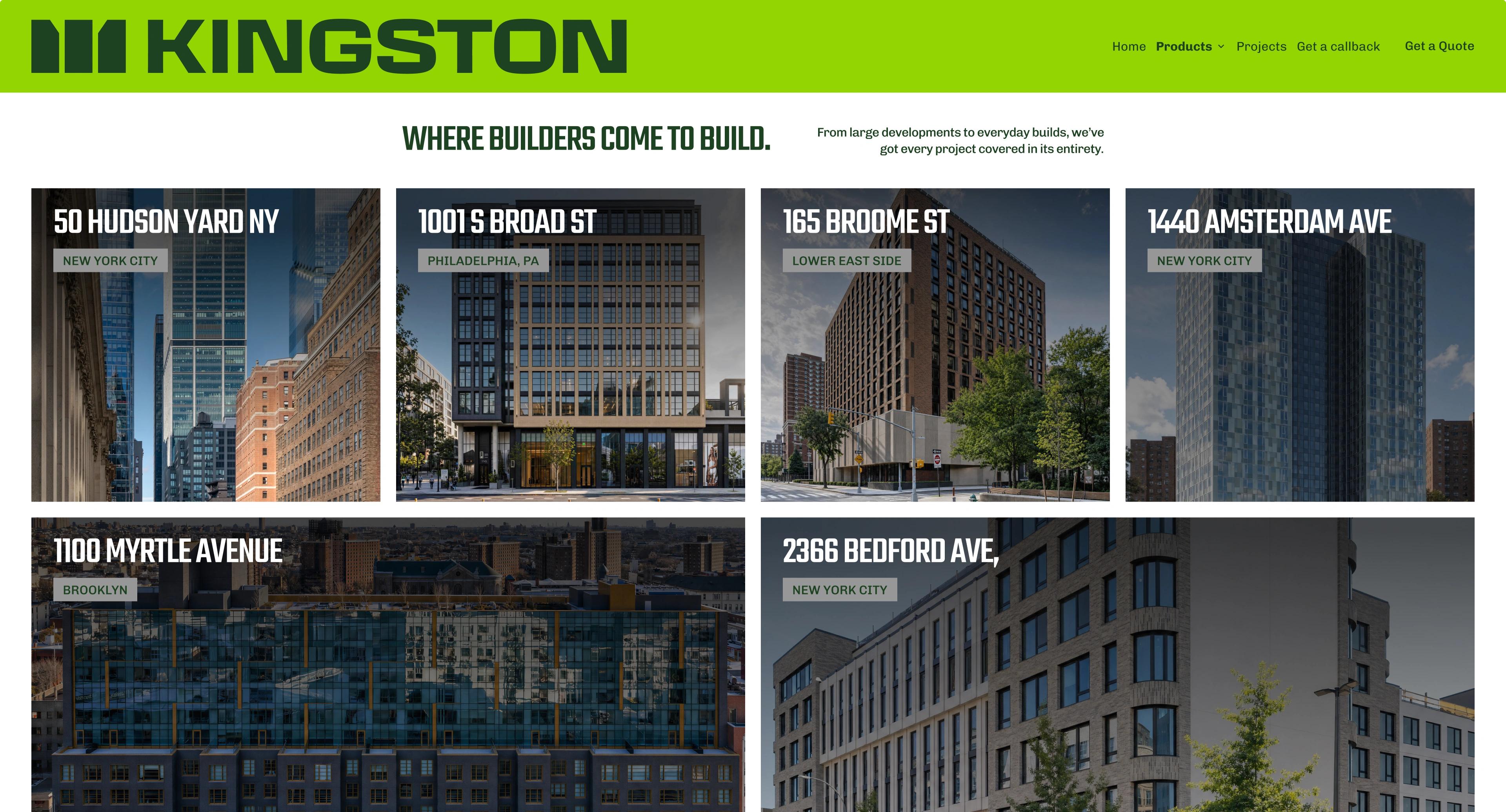 Kingston Block: Construction website grid of New York building projects.