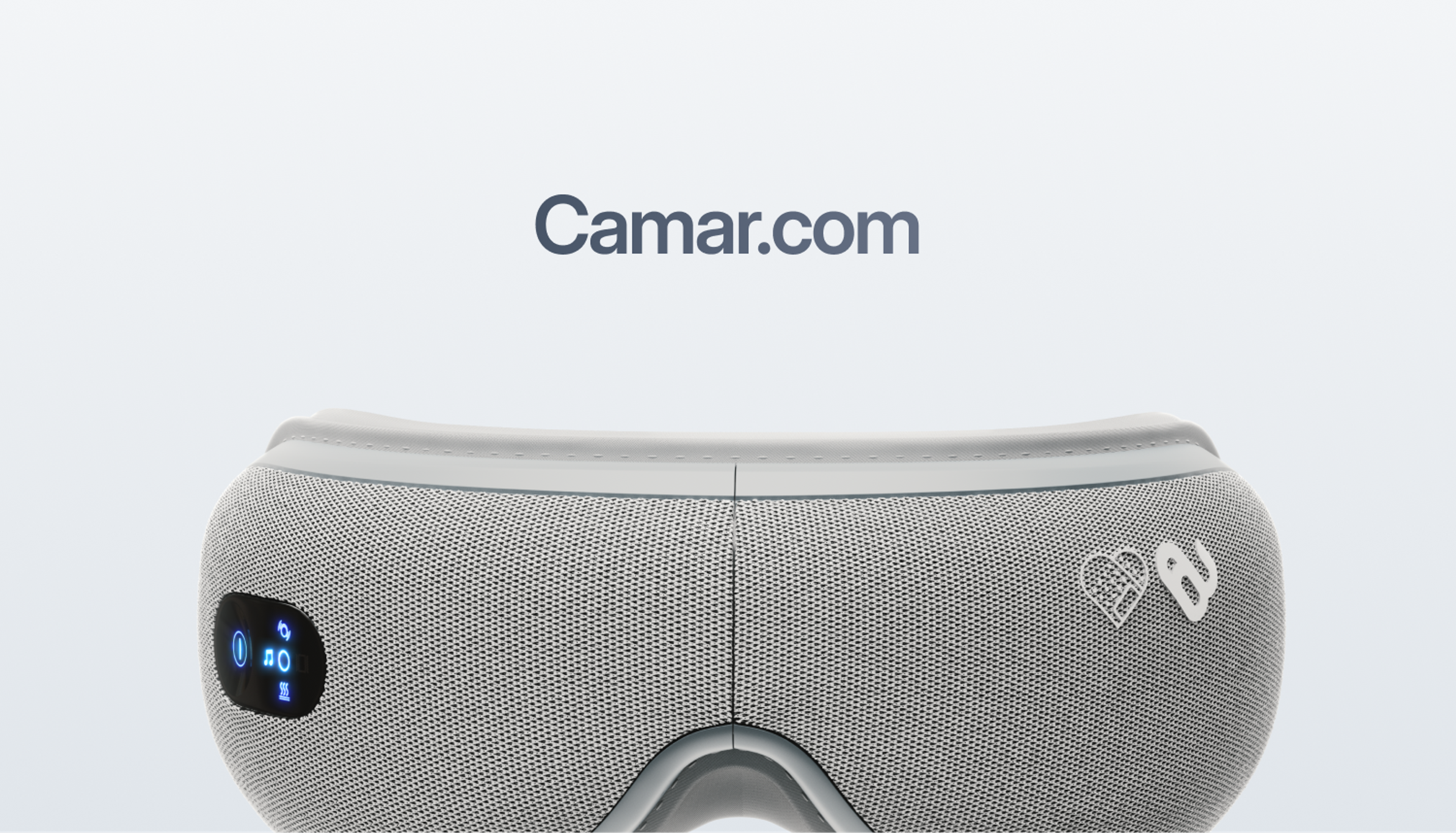 Camar: Gray wordmark above a wellness device. Design by D7mtg.