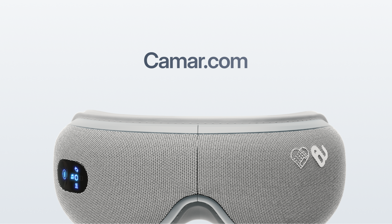 Camar: Gray wordmark above a wellness device. Design by D7mtg.