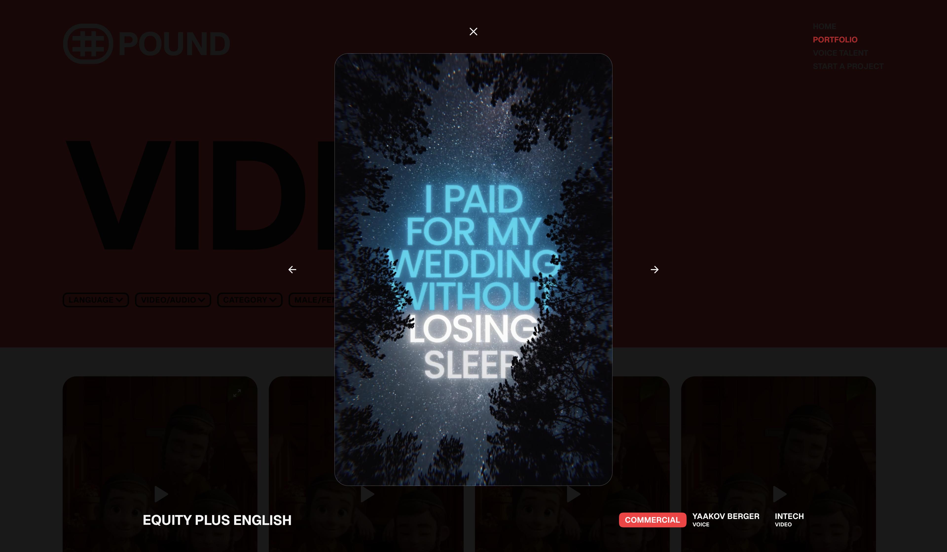 Pound Voices: Dark video player displaying a production sample.