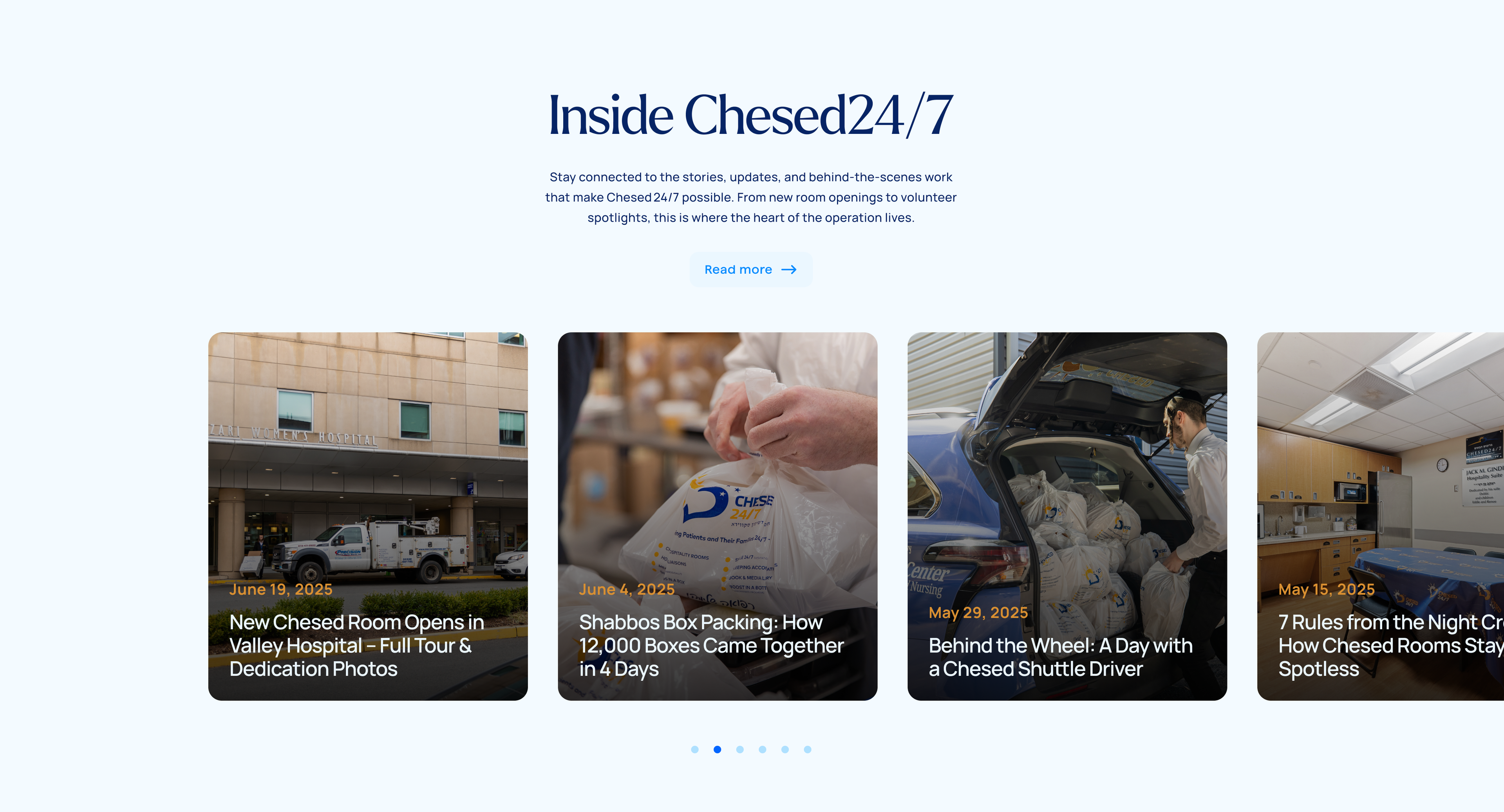 Chesed 24/7: Website cards introducing hospital support programs.