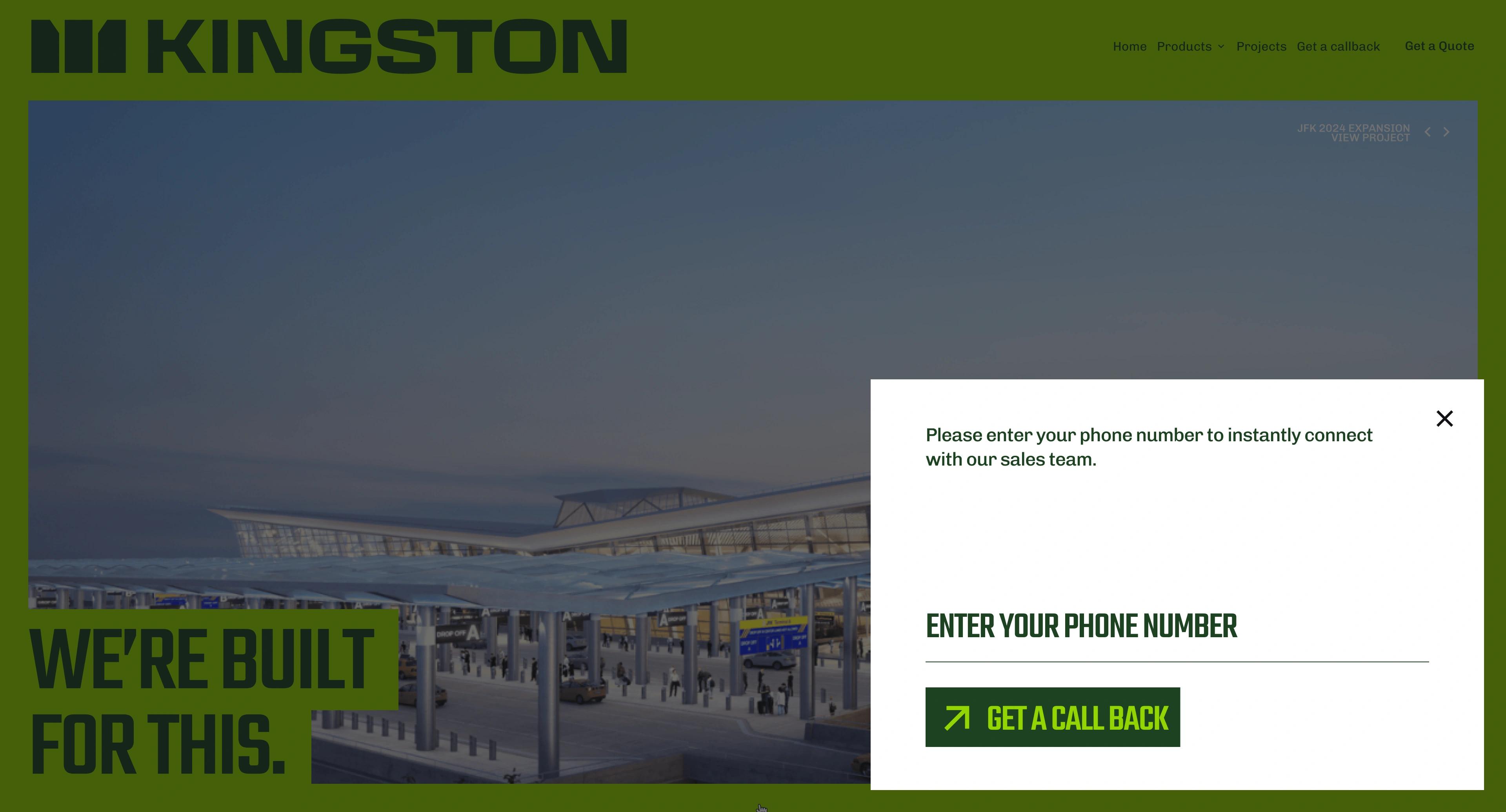 Kingston Block: Phone callback form over a construction site photograph.